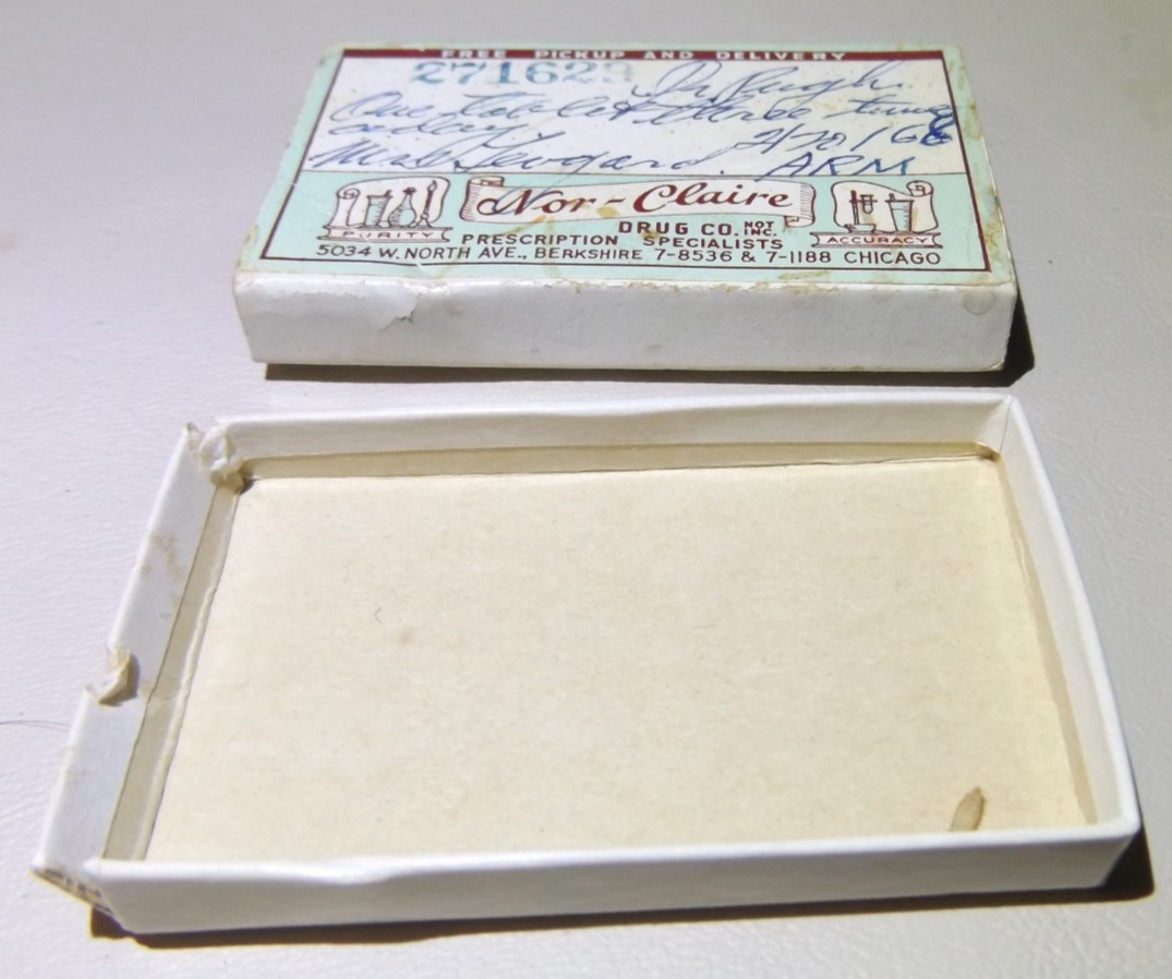 Vintage Cardboard Pill Box from NOR-CLAIRE Drug Company Chicago Dated 1966