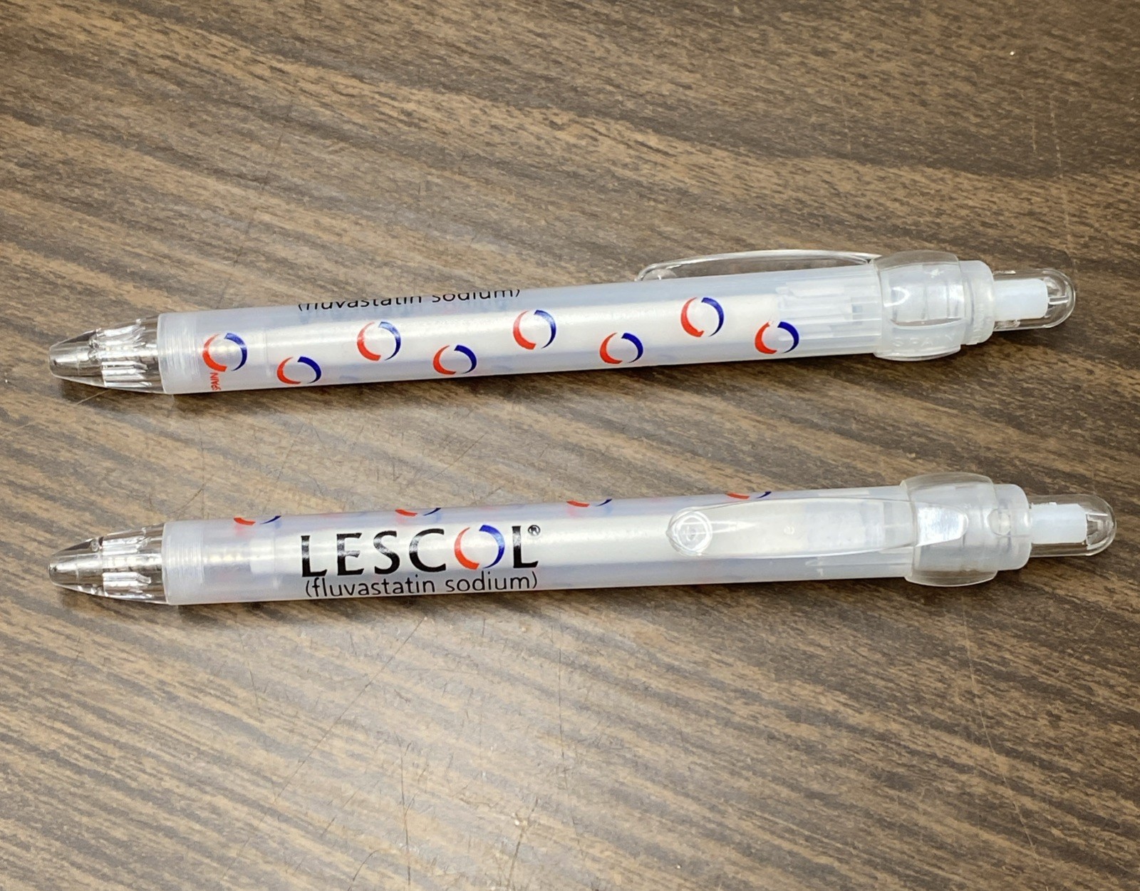 2 Vtg Pharmaceutical Advertising LESCOL Fluvastatin Drug Rep Click Pens WRITES