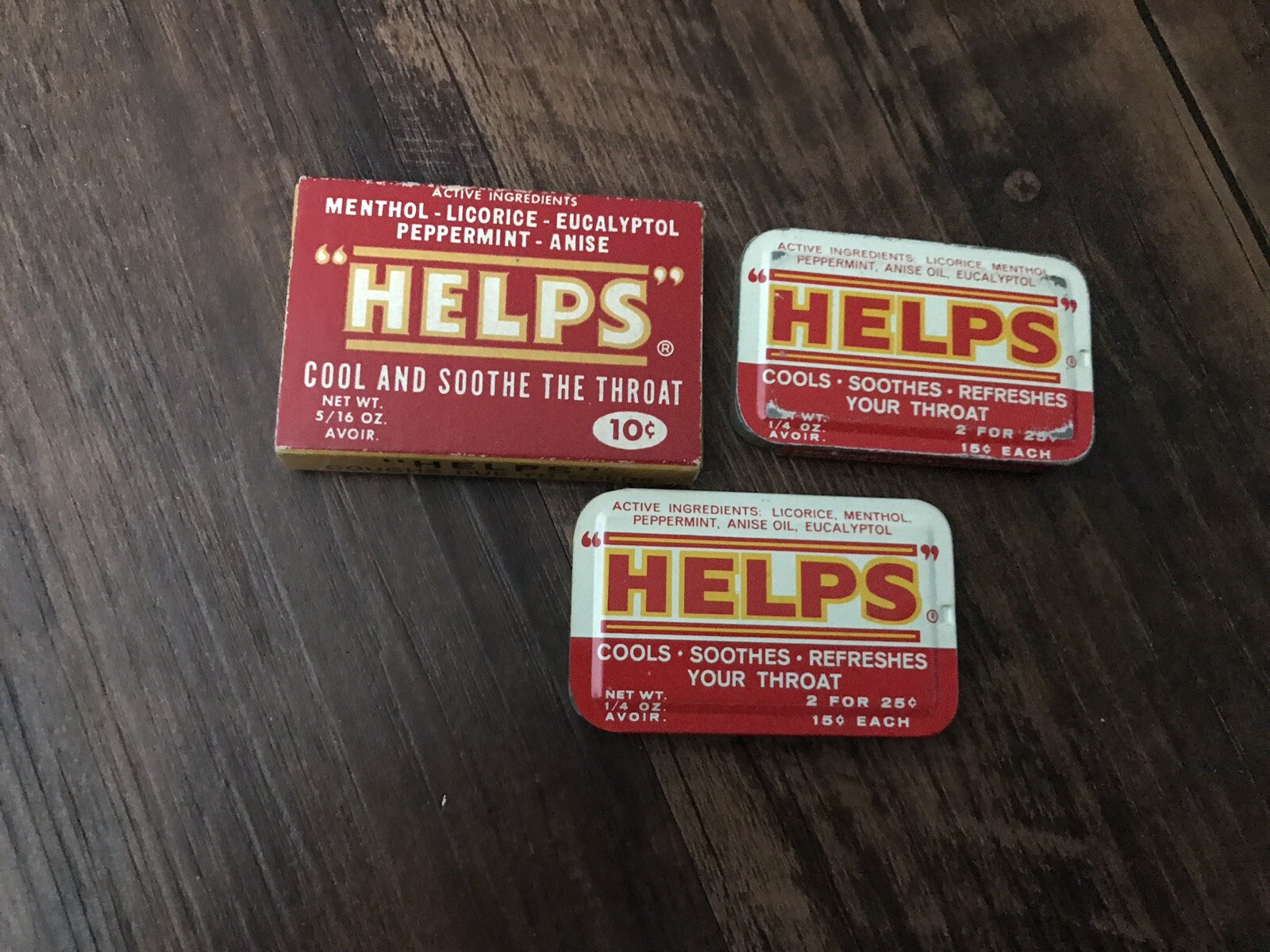 Vintage Helps 2 Metal Tins & Cardboard Box Cool And Soothe Throat