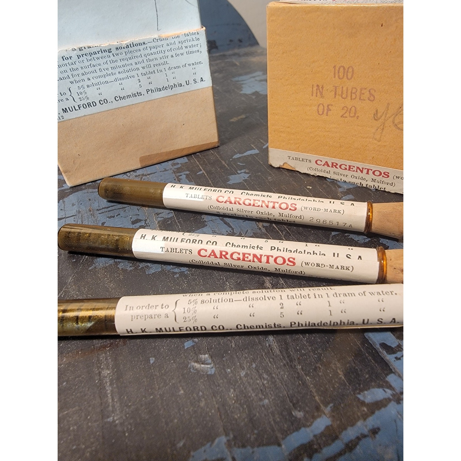 Vintage CARGENTOS Box 3 vials 20 tablets HK Mulford Silver Nitrate
