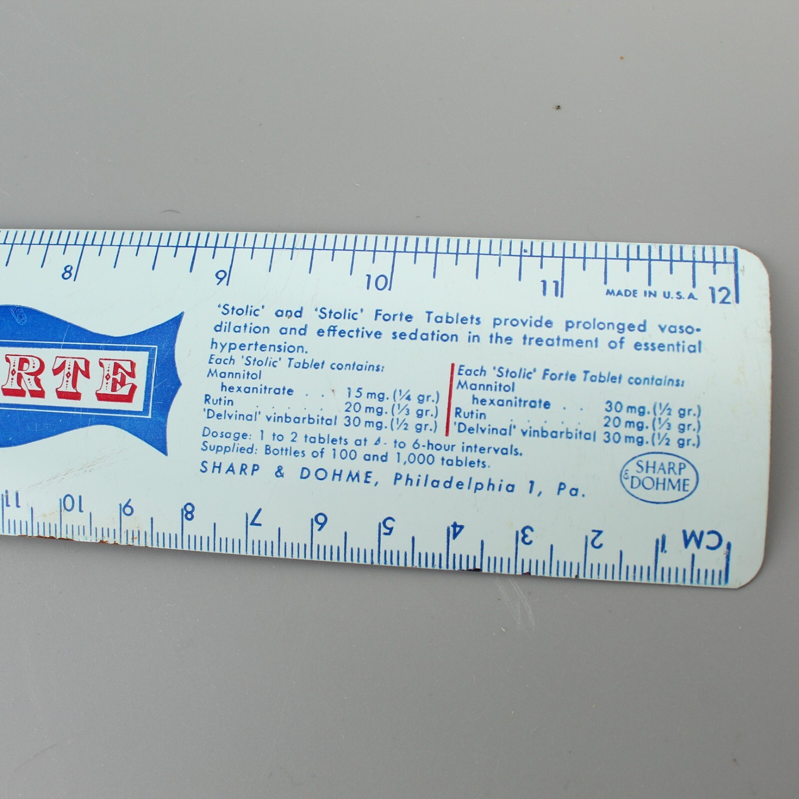 Sharp Dohme Merck Stolic Forte Vinbarbital 1950s Pharmaceutical Ad Metal Ruler