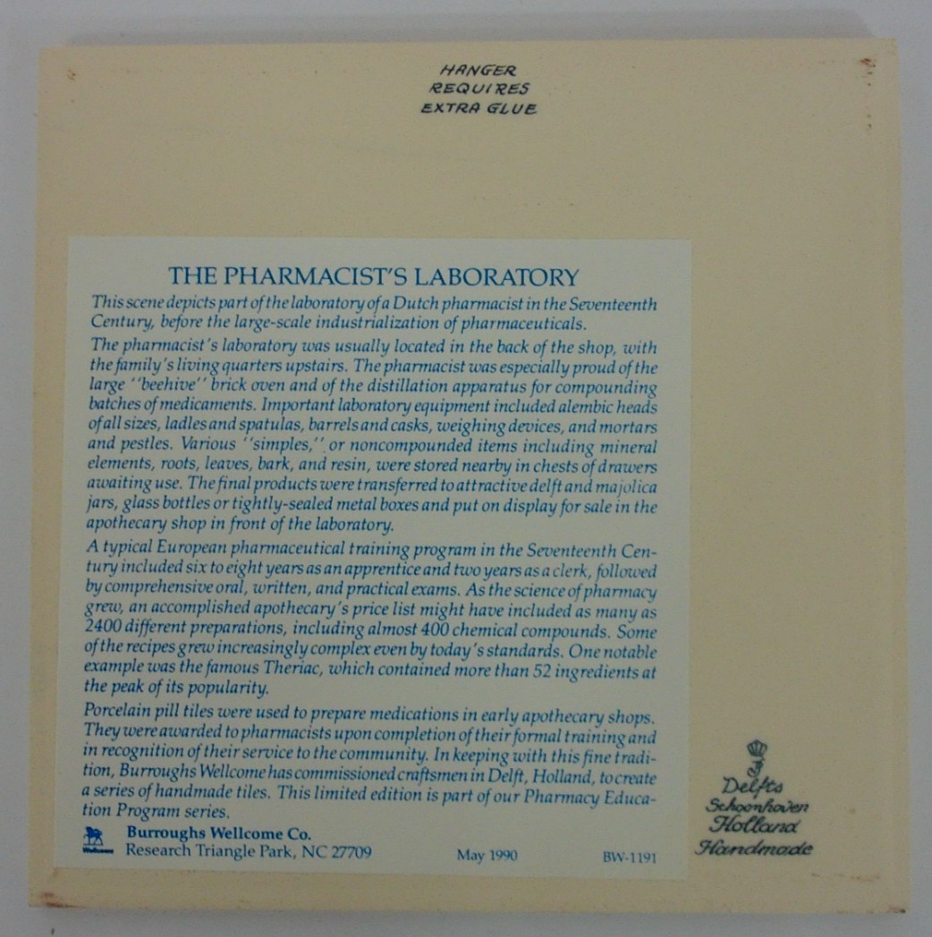 Burroughs Wellcome Delft Holland Ceramic Pharmacy Pill Tile Laboratory 1990 #18