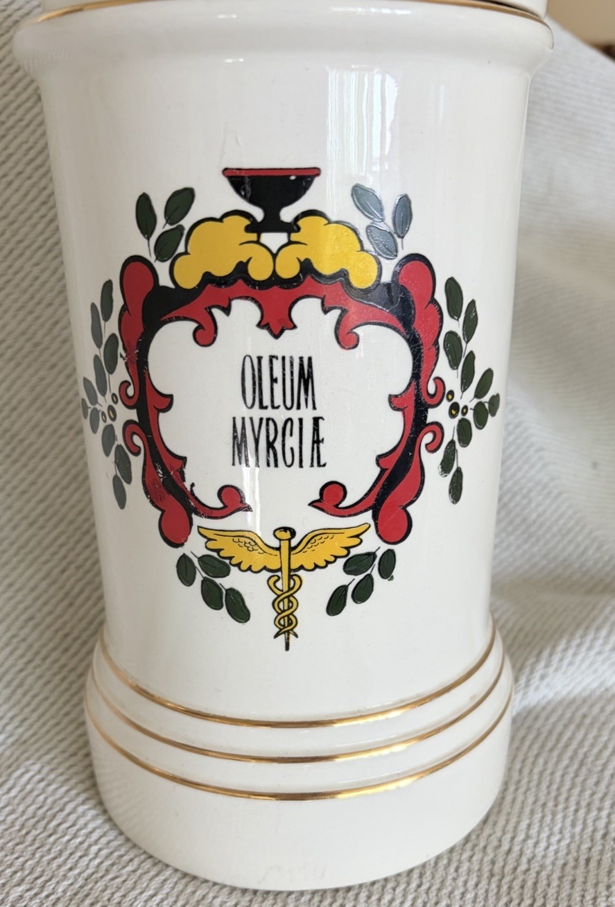 VINTAGE APOTHECARY MEDICINE PHARMACY DRUGSTORE JAR “BLAIR POTTERY” Oleum Myrcae