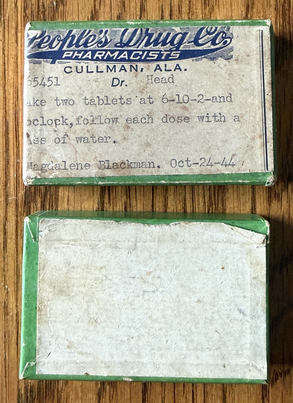 Vintage Cullman Alabama Pill Box Medical Pharmacy People’s Drug Co. 1944 WW2