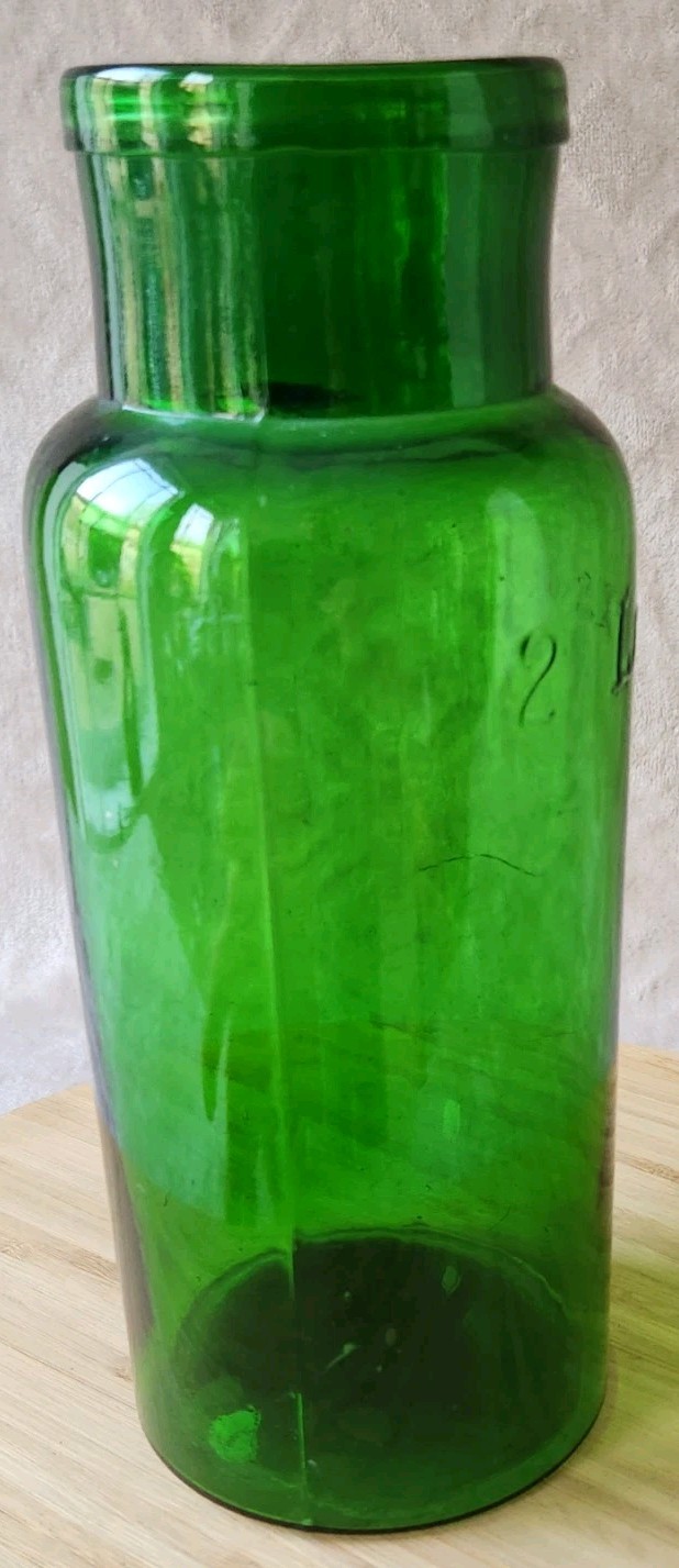 Vintage Large Glass Pharmacy Jar Or Pot Bullet 2 L Green Color