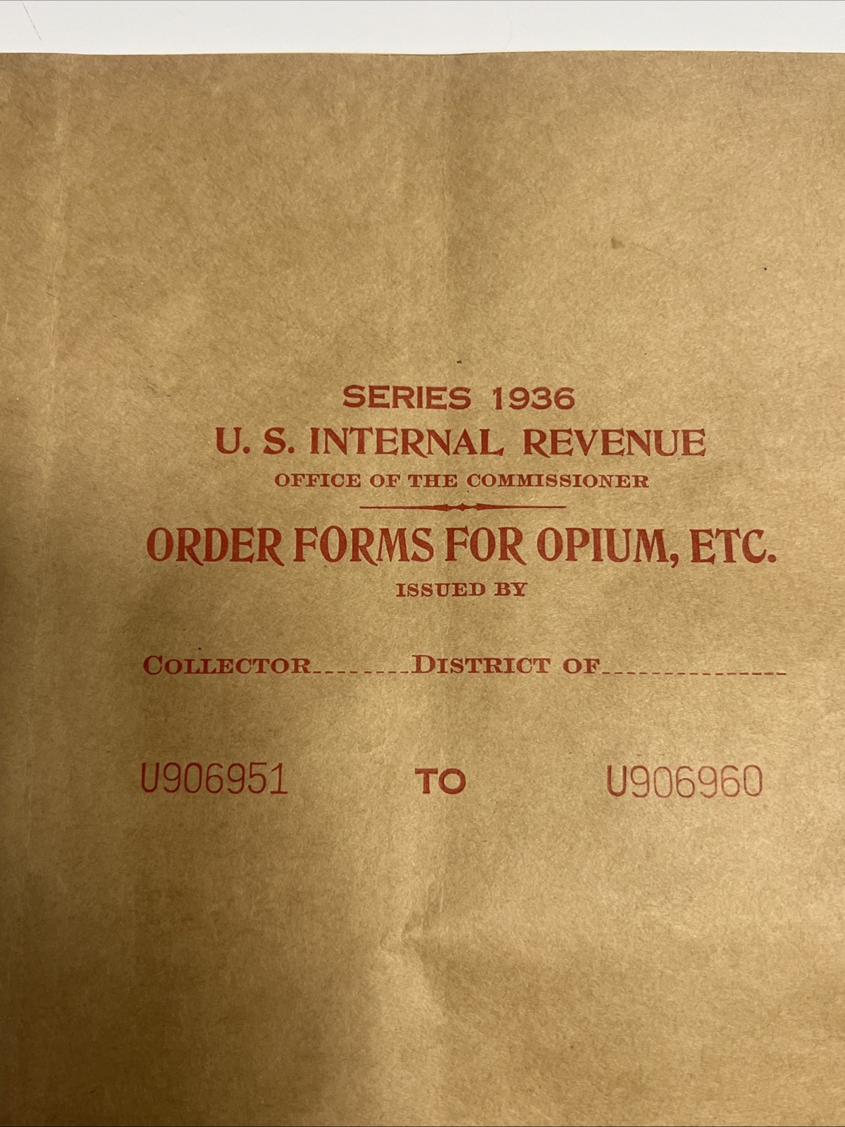 1930s-40s IRS Order Form For Opium/Coca Leaves Book Michigan Oddity