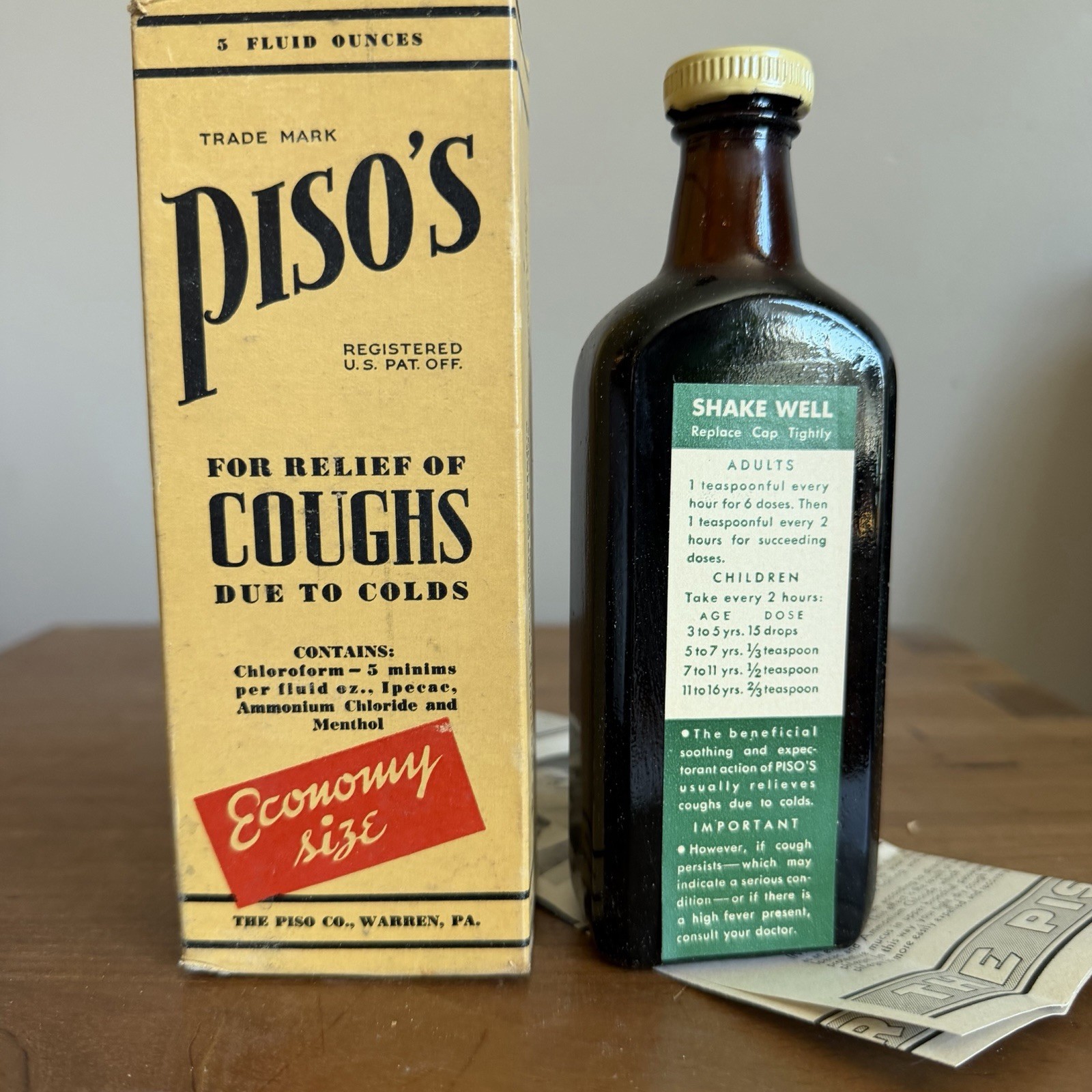 Vintage Pharmacy Apothecary Piso’s Cough Syrup Chloroform DISPLAY ONLY