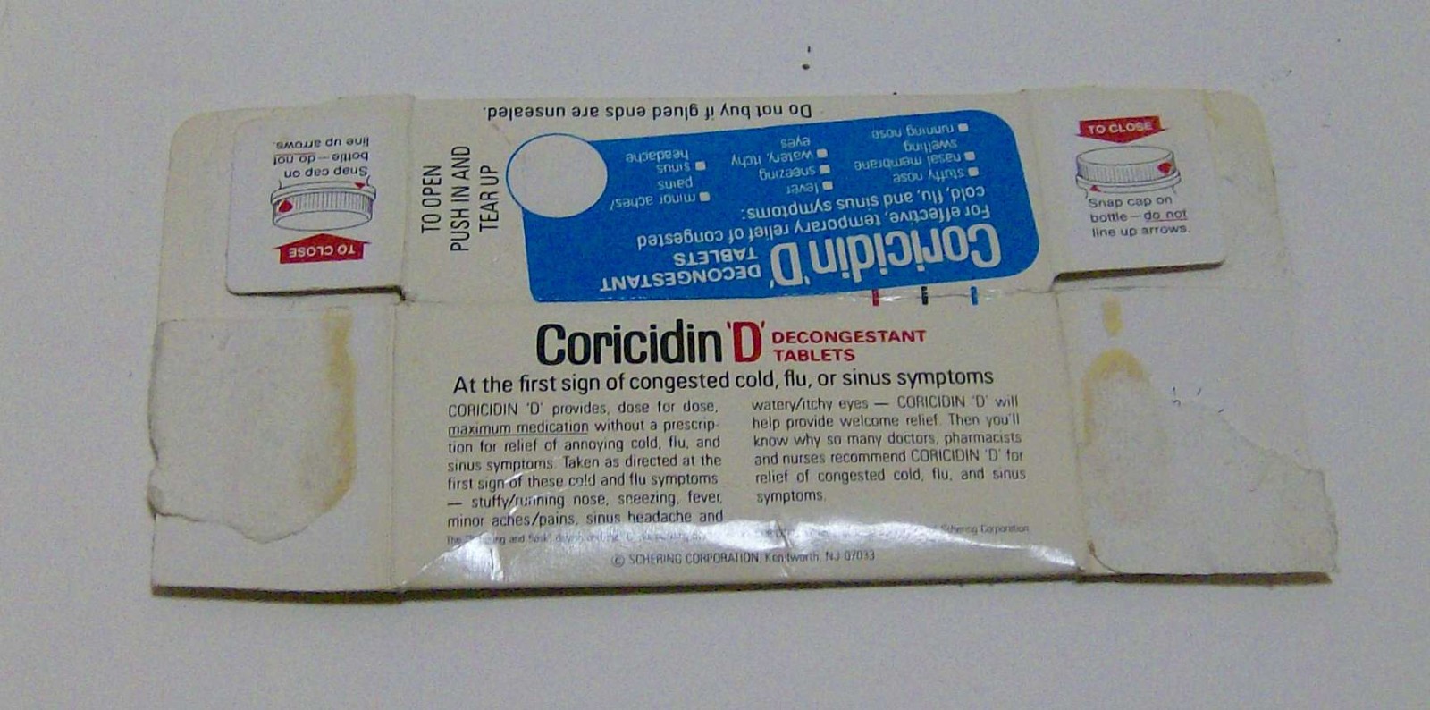 vintage 1980s CORICIDIN D tablets BOX pharmaceutical medicine packaging meds old