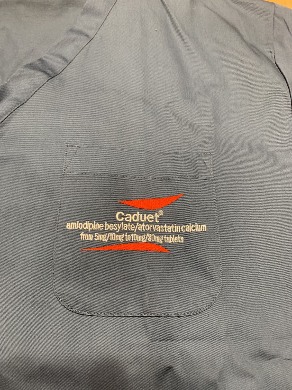 Vintage Caduet Pharmacy Pharmacist Representative Sales Rep Scrub Shirt HTF Work