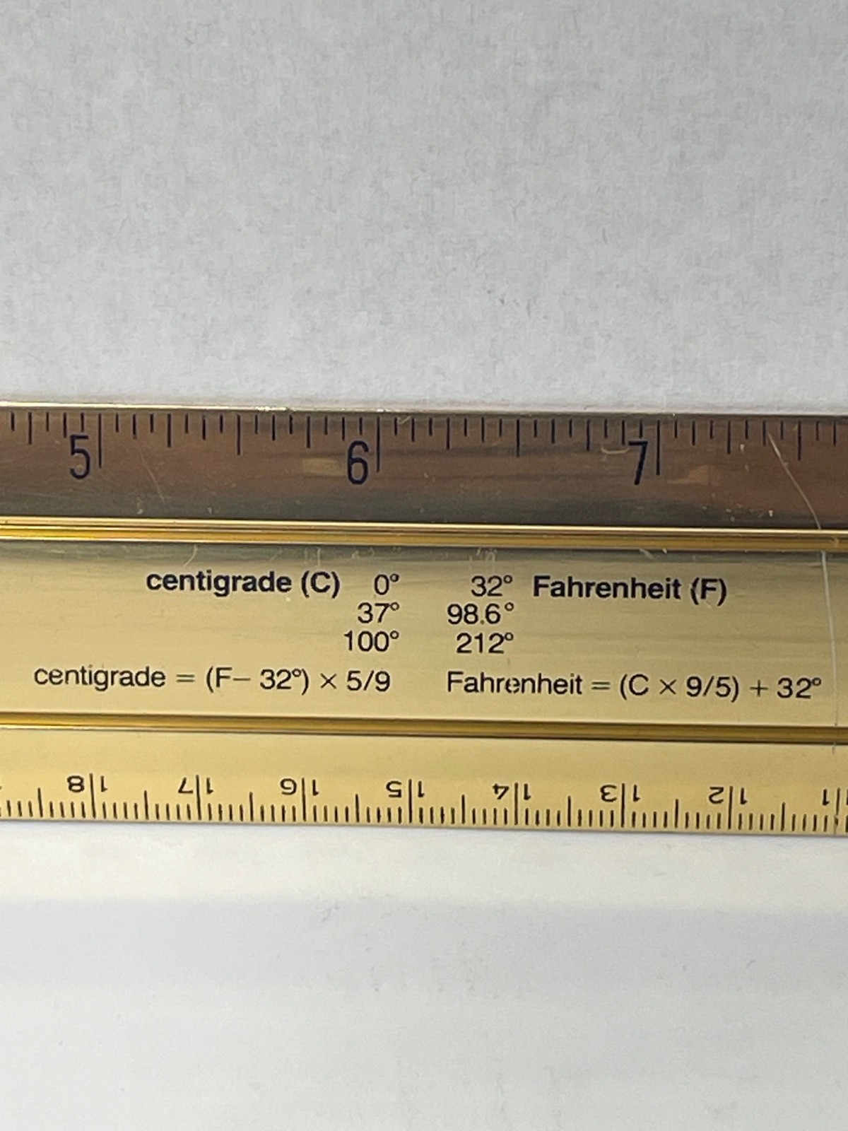 VINTAGE RITALIN CIBA 12″ METAL RULER! mm/METRIC CONVERSIONS! GOLD COLOR METAL!