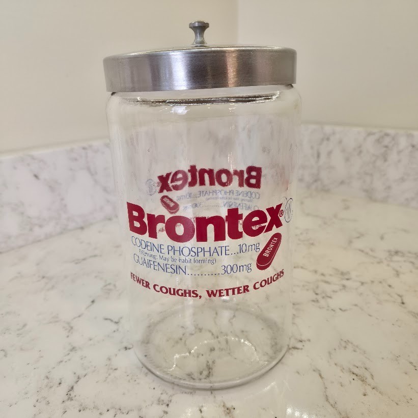 Pharmaceutical Advertising Glass Apothecary Jar Drug Rep Brontex Codeine Sched 3