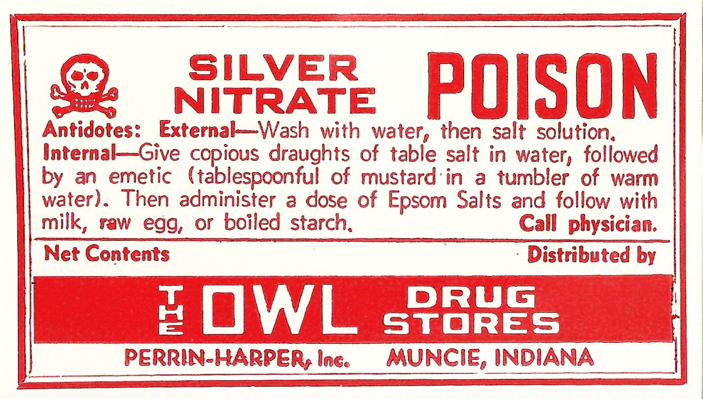 Vintage Pharmacy Label SILVER NITRATE w/ Skull & Bones Owl Drug Stores Muncie IN