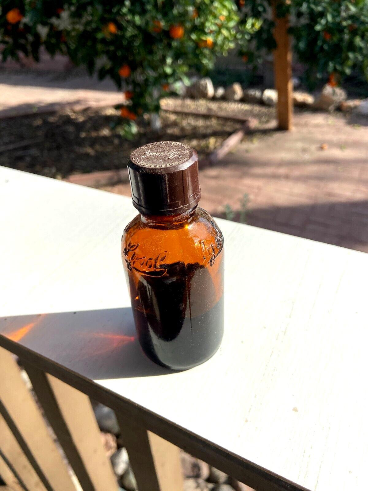 BEAUTIFUL Antique Amber Lysol Embossed Glass Drug or Pharmacy Jar, 4” Tall