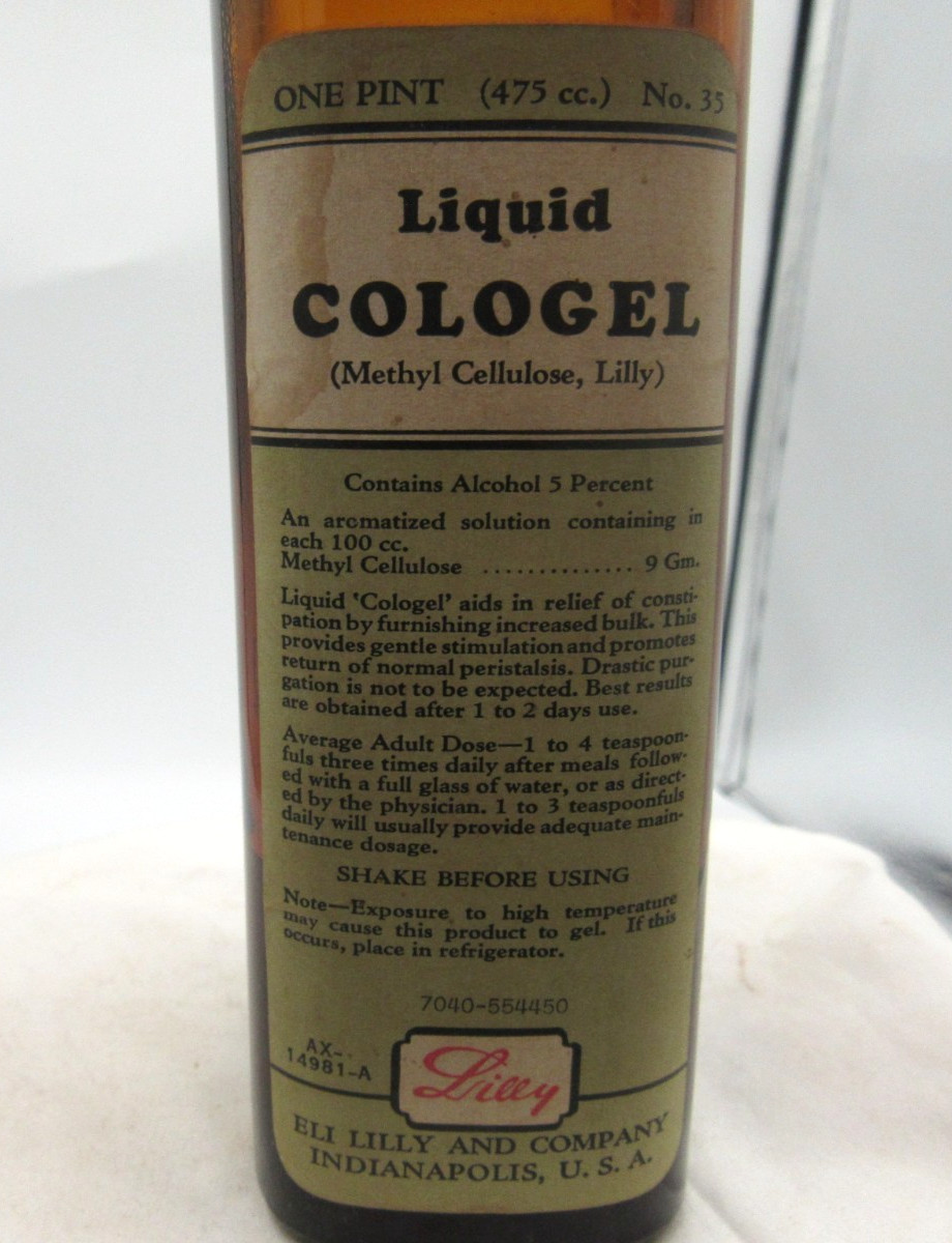 MM – 1930’s Eli Lilly Liq. Cologel Indianapolis Ind 7 7/8″ Amber Medicine bottle
