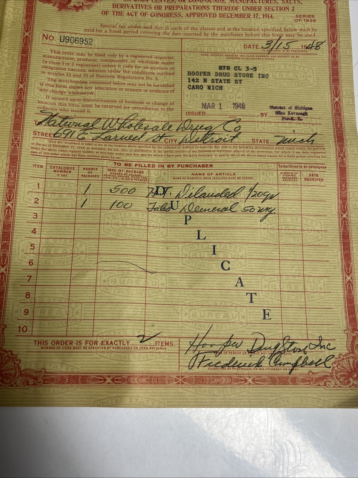 1930s-40s IRS Order Form For Opium/Coca Leaves Book Michigan Oddity