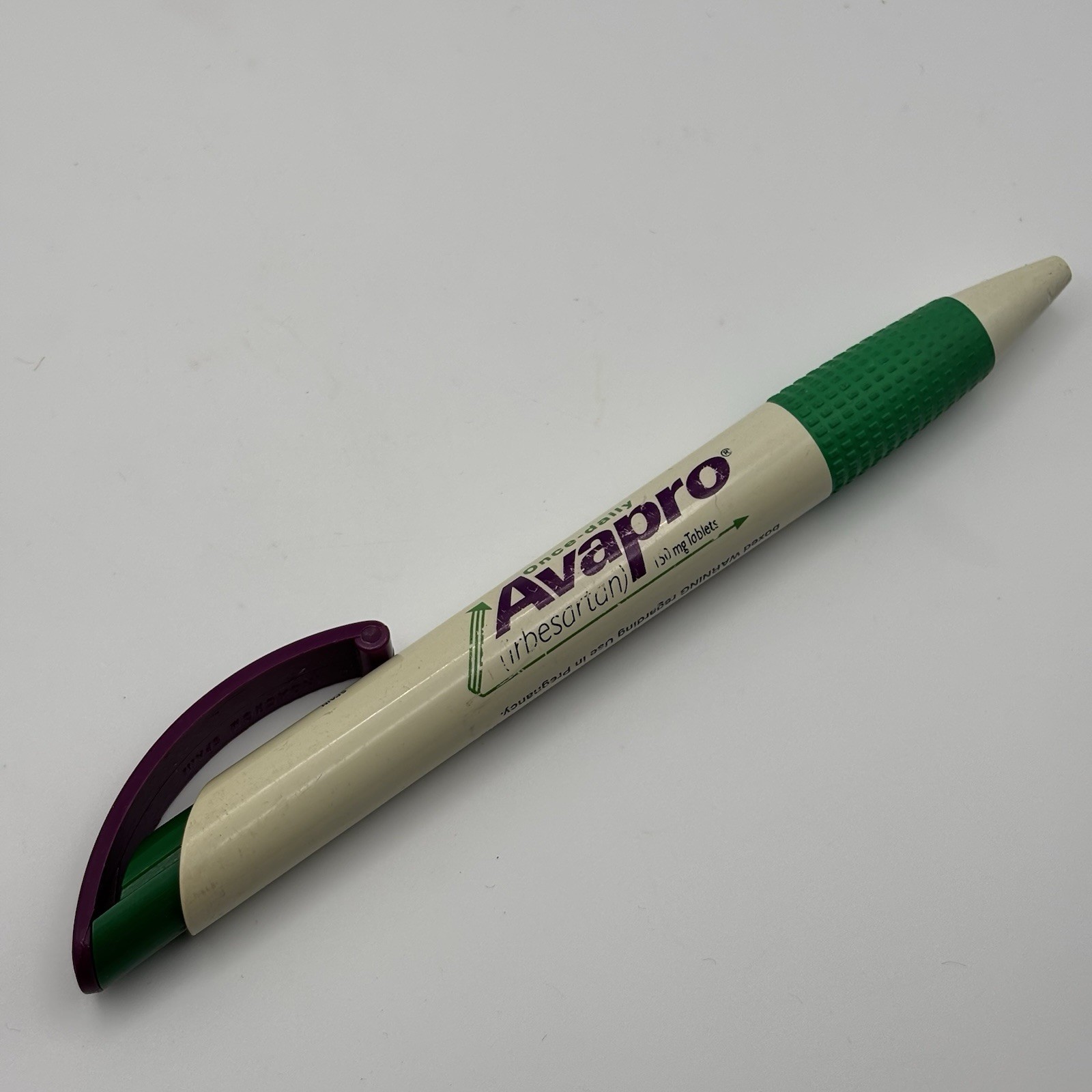 Vtg AVAPRO Pen Plastic Retractable Drug Rep – White Purple Green