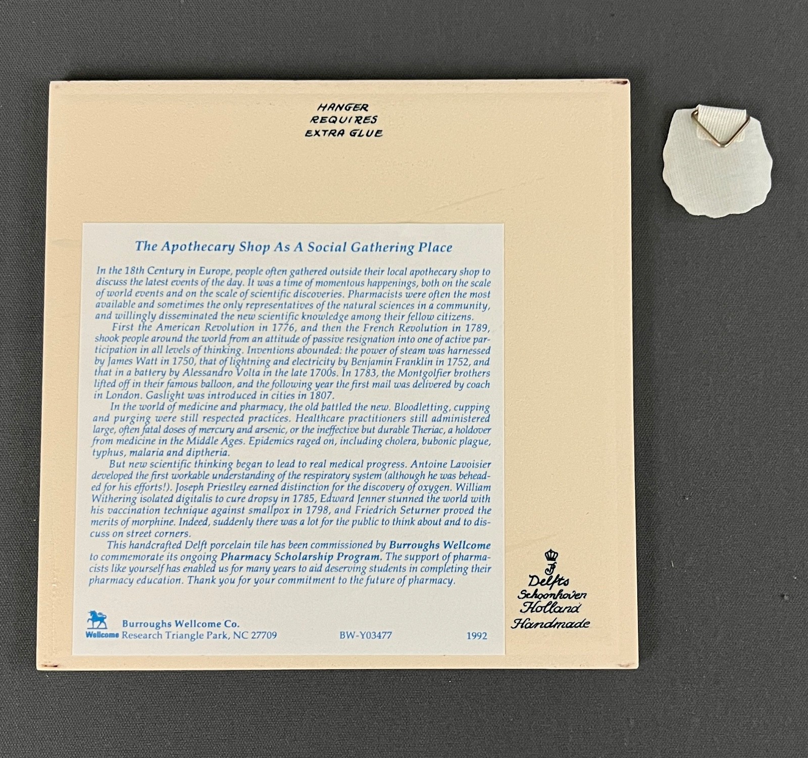 Burroughs Wellcome Pharmacy Education Program Holland Delft Pill Tile 1992
