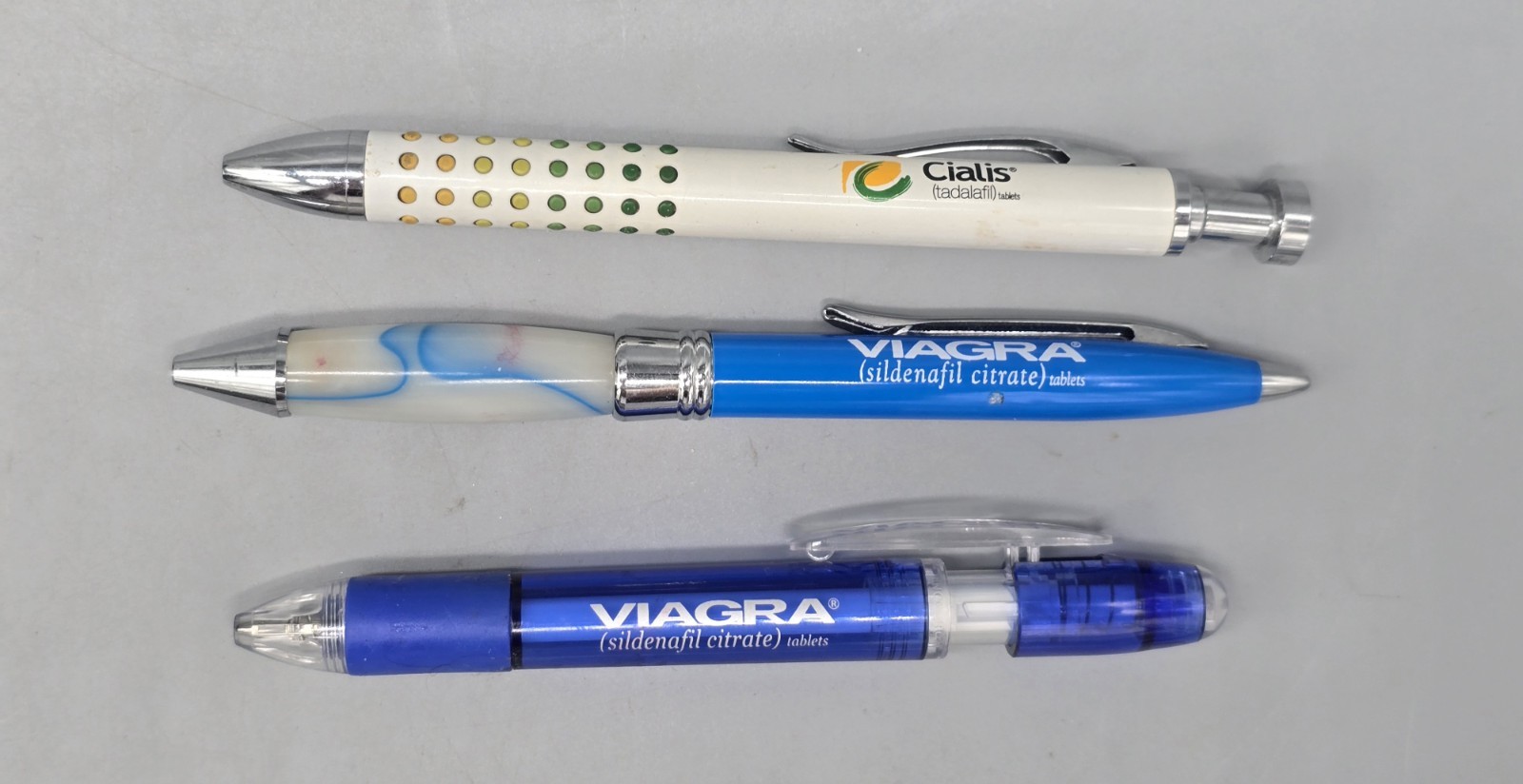 Vintage Viagra Cialis Drug Rep Promotional Ink Pens Lot Of 3 1 Plastic 2 metal