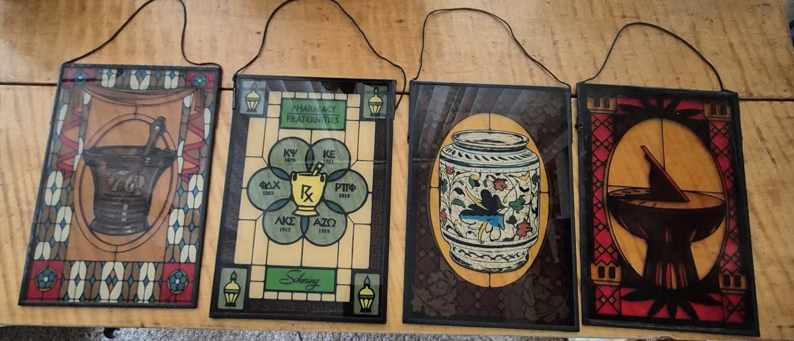 4 Stain Glass Panels Schering Pharmacy Rx Ad Premium USA Bicentennial 1976 VTG