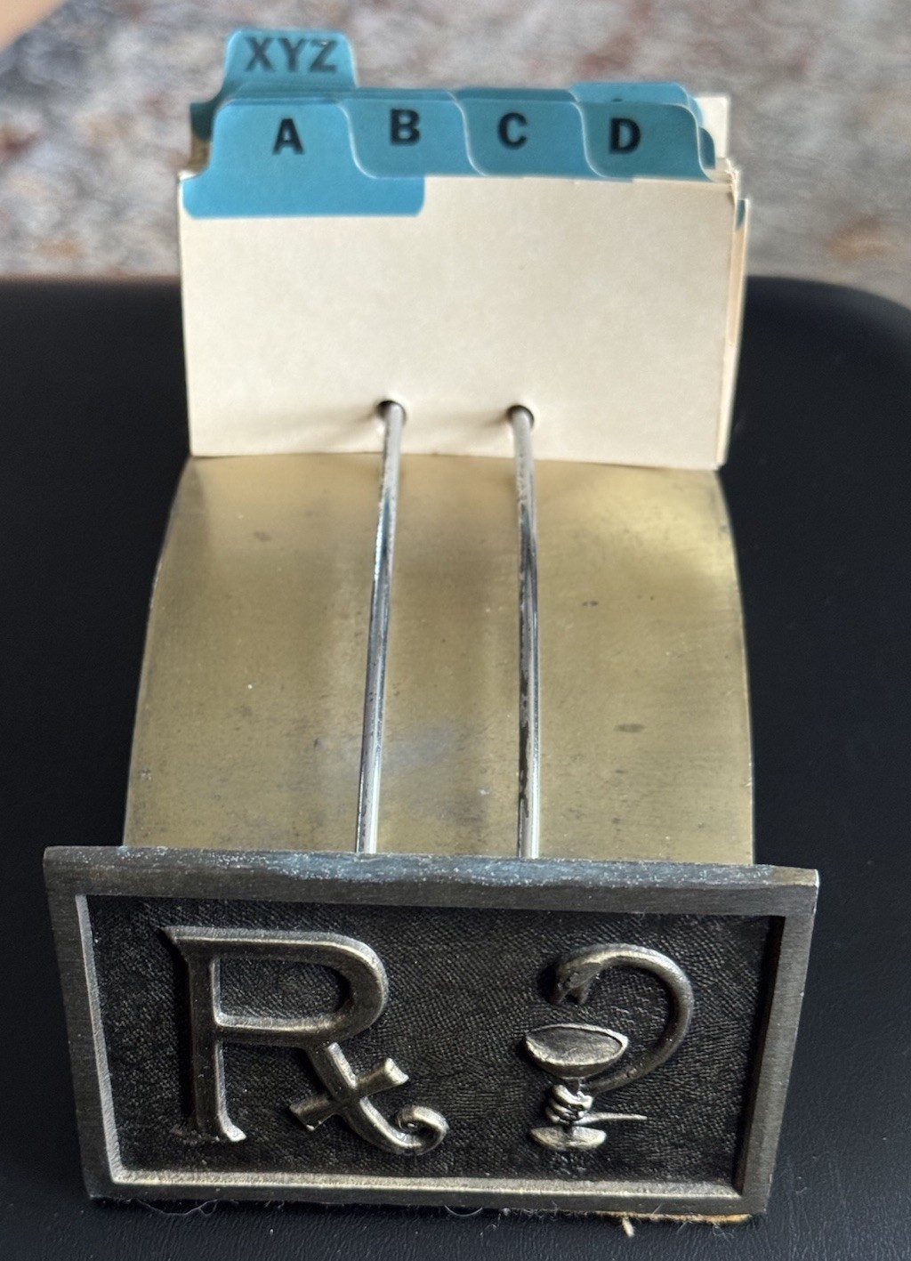 Vintage RX Pharmacy Rolodex Card File Cast Brass Desktop Apothecary Oddity
