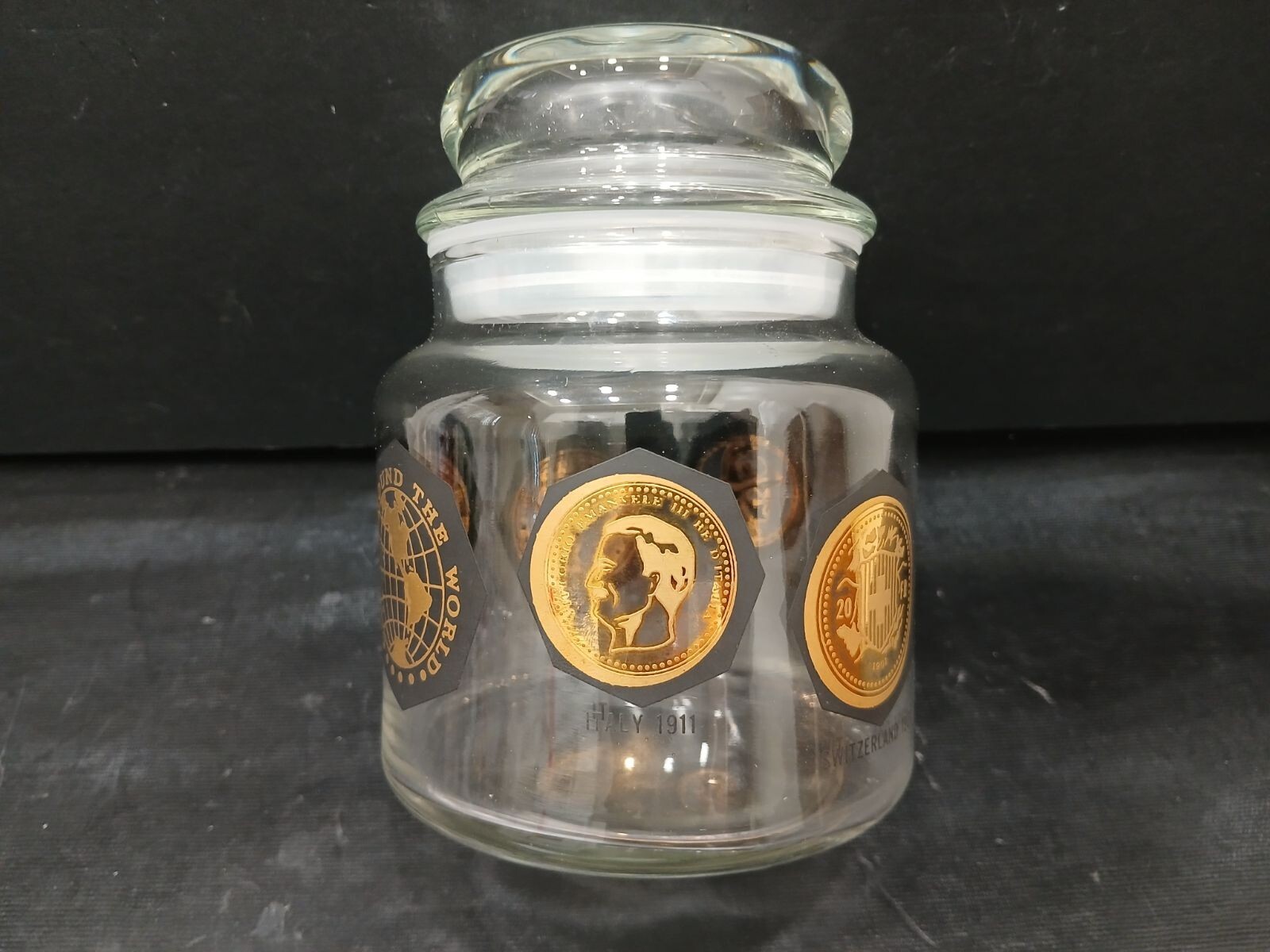 RARE Vintage Gold & Black Apothecary Jelly Bean Jar “Coins Around the World”