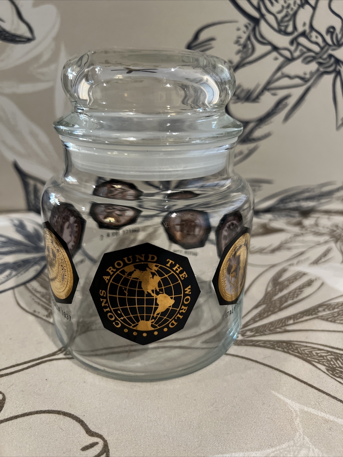 RARE Vintage Gold & Black Apothecary Jelly Bean Jar “Coins Around the World”