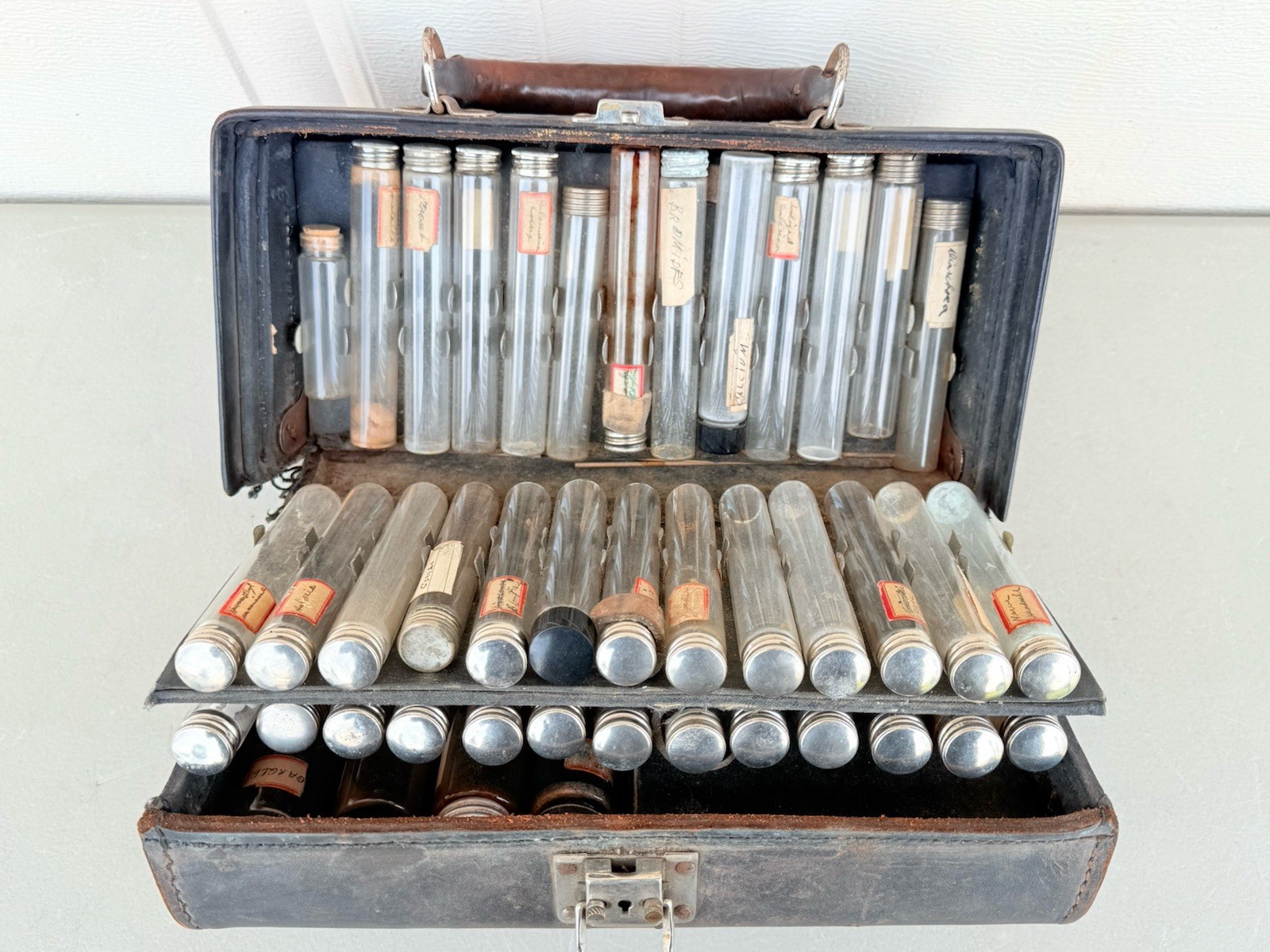 Antique Rare Doctor’s Medicine Kit Leather Travel Bag with Empty Vials