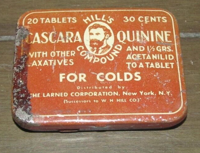 HILL’S CASCARA QUININE COLD TABLETS PHARMACY DRUG STORE NEW YORK COMPOUND TIN