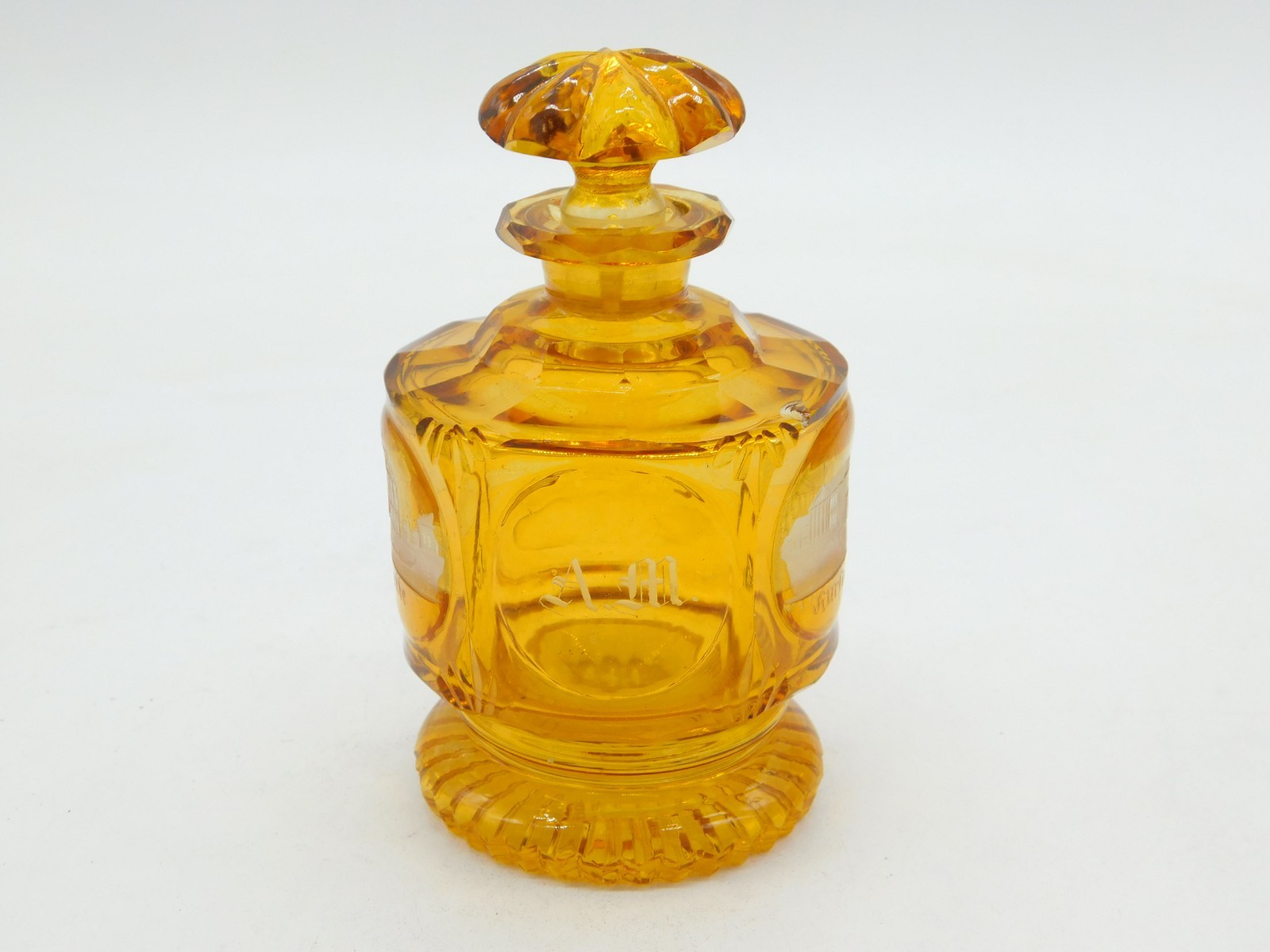 19th Century Bohemian Amber Glass Acid Etched Scent Bottle Antique c1860