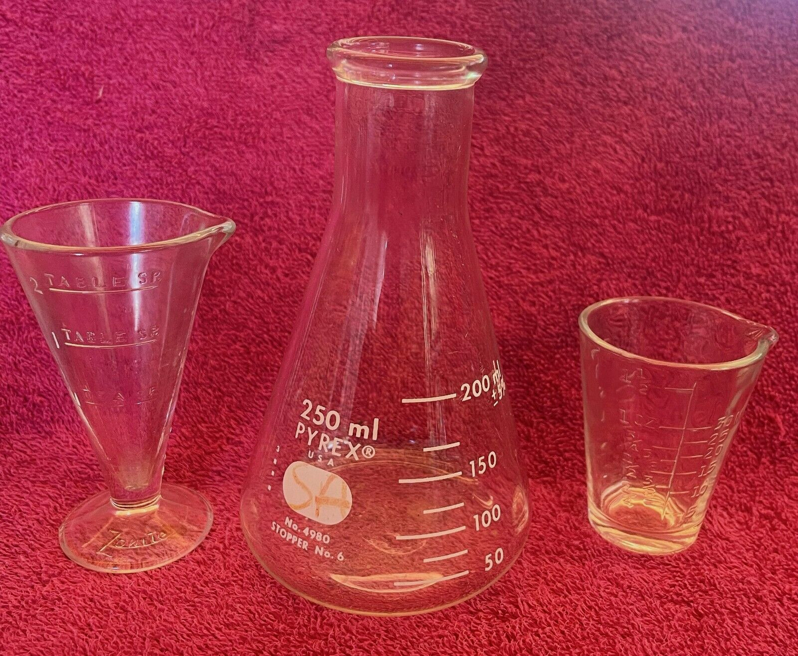 3 Vintage Beakers Zonite Glass 2 Tbsp Apothecary Measuring Beaker w/Spout Plus