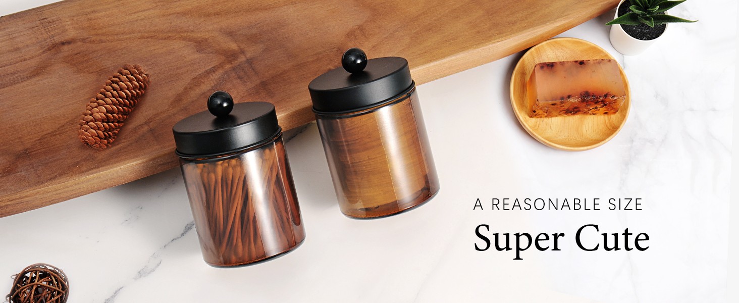 Amber Glass Qtip Holder, Apothecary Jars with Matte Black Metal Lid &