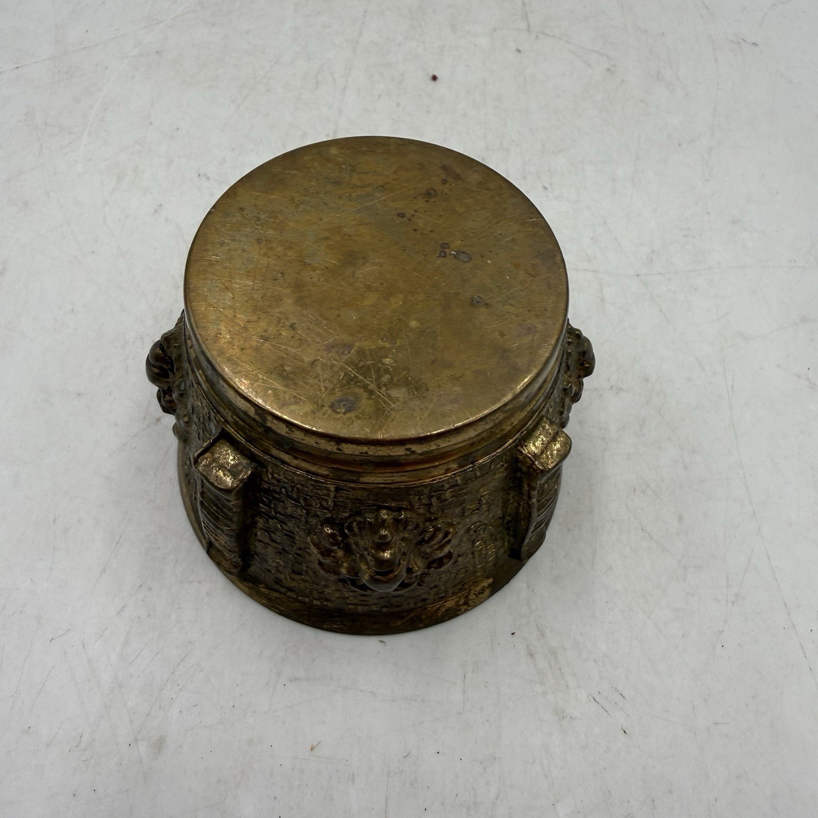 Vintage Brass Mortar and Pestle, Lion Head Design, 2” Tall