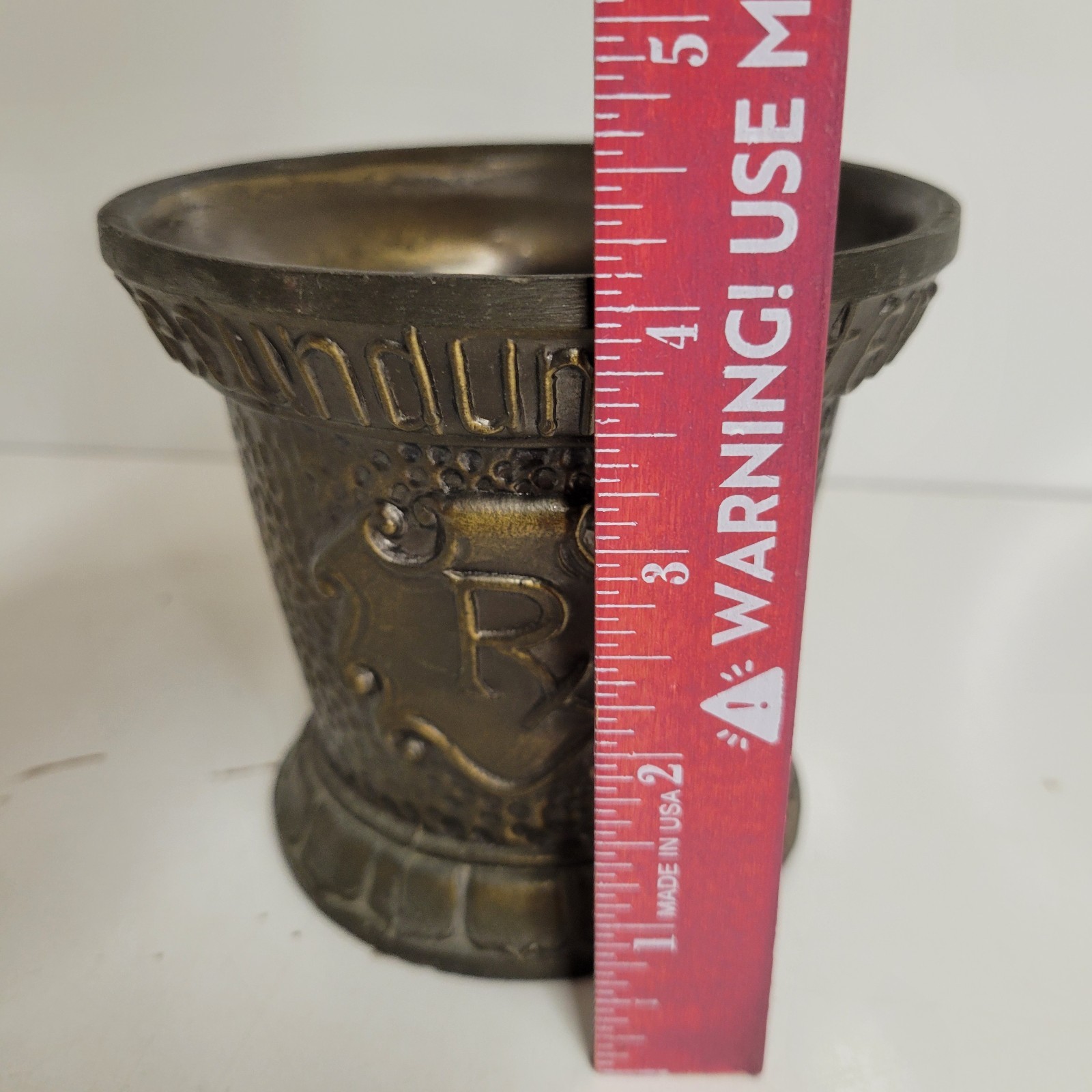 Vtg Coricidin Heavy Brass 4″ Tall Mortar & 6″ Pestle Apothecary Pharmacy Rx