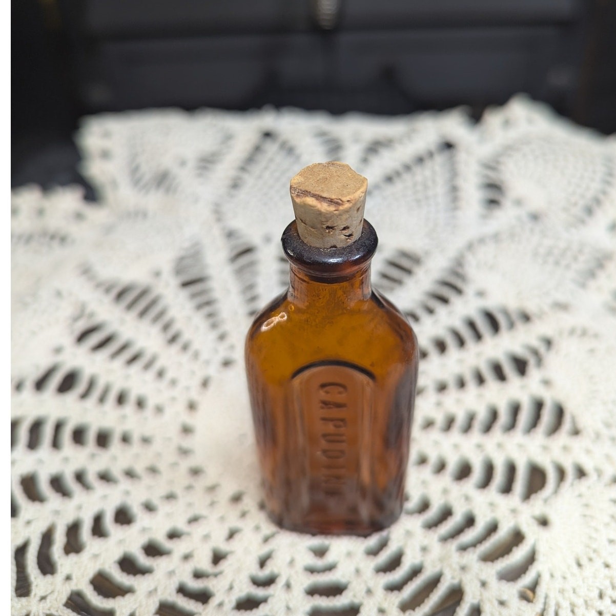 Empty Vintage Cork Top Capudine Amber Glass Apothecary Bottle, Pre-Owned