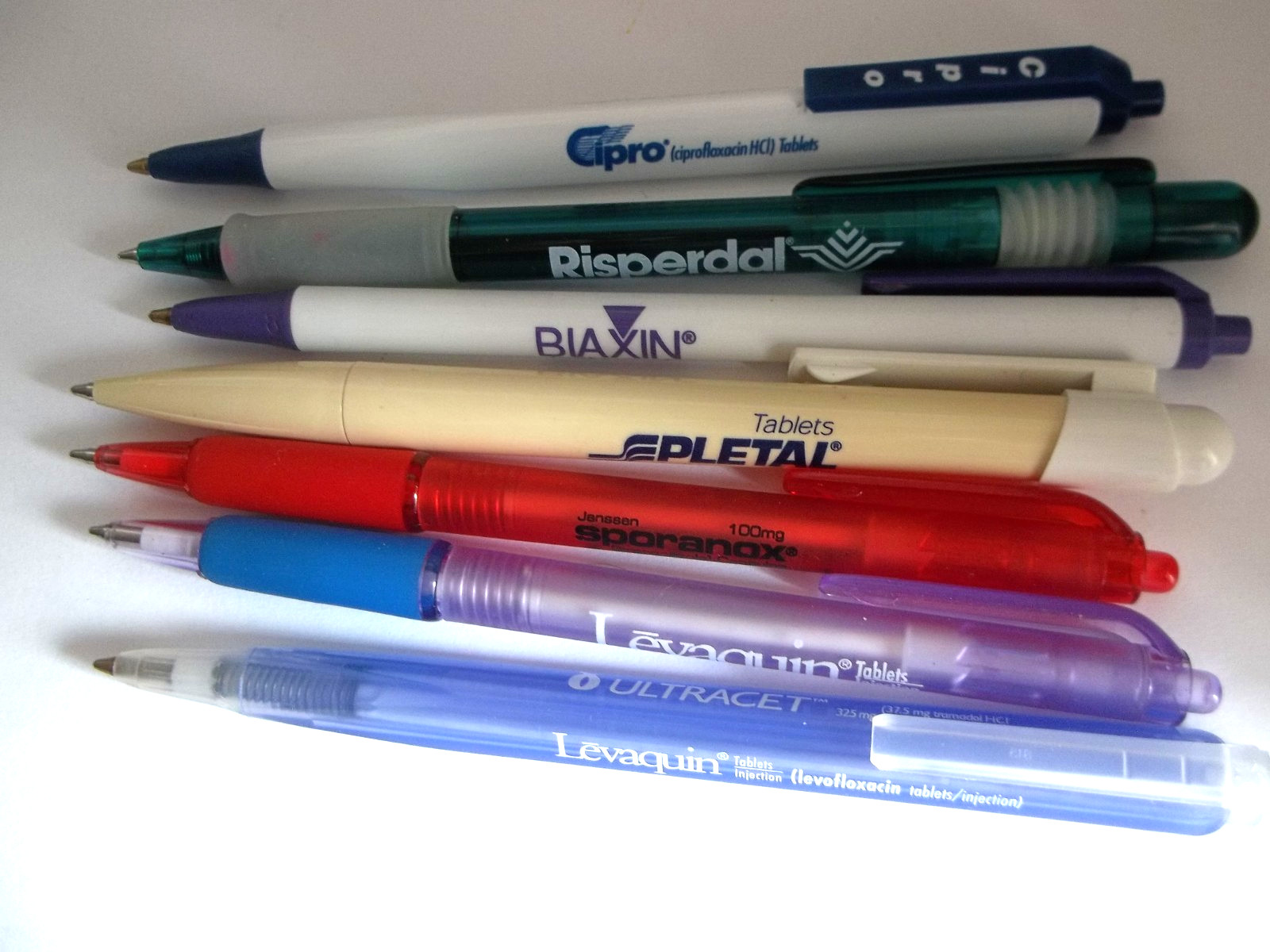 Lot of 7 Vintage Pharma Pens – Cipro Levaquin Sporanox Biaxin Pletal Risperdal