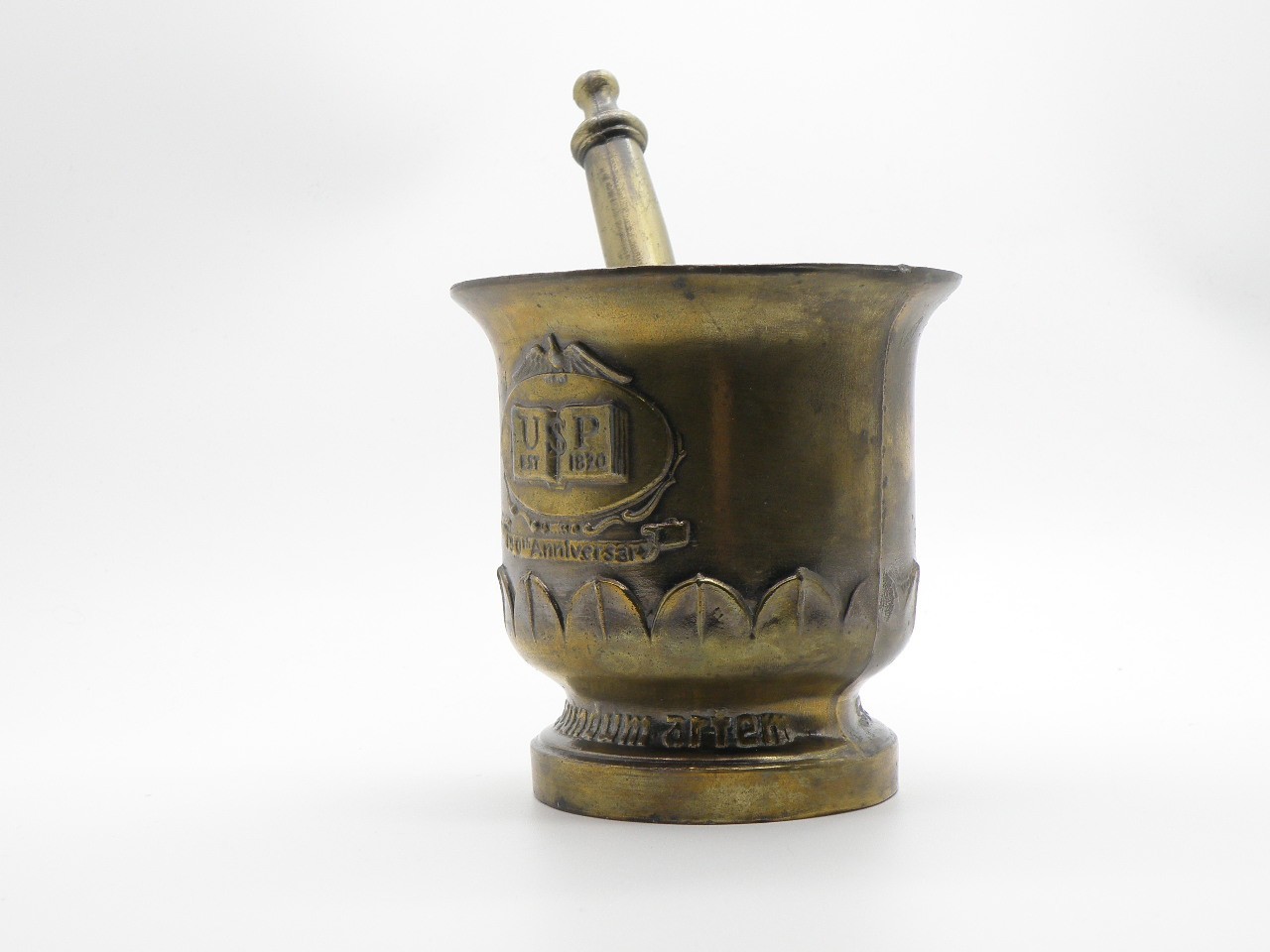 Vtg Brass Mortar & Pestle USP Rx Est 1820 150th Anniversary Schering Pharmacopia