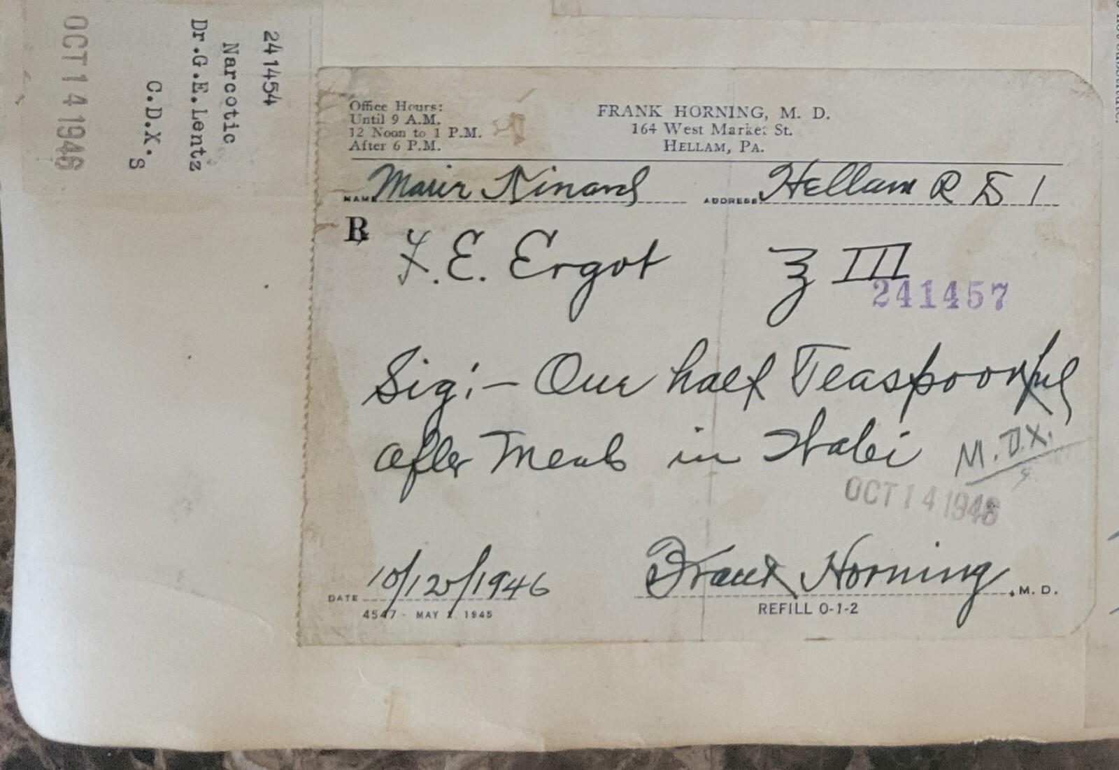 1946 2-sided Pharmacy Ledger Page – 16 vintage prescriptions – ERGOT