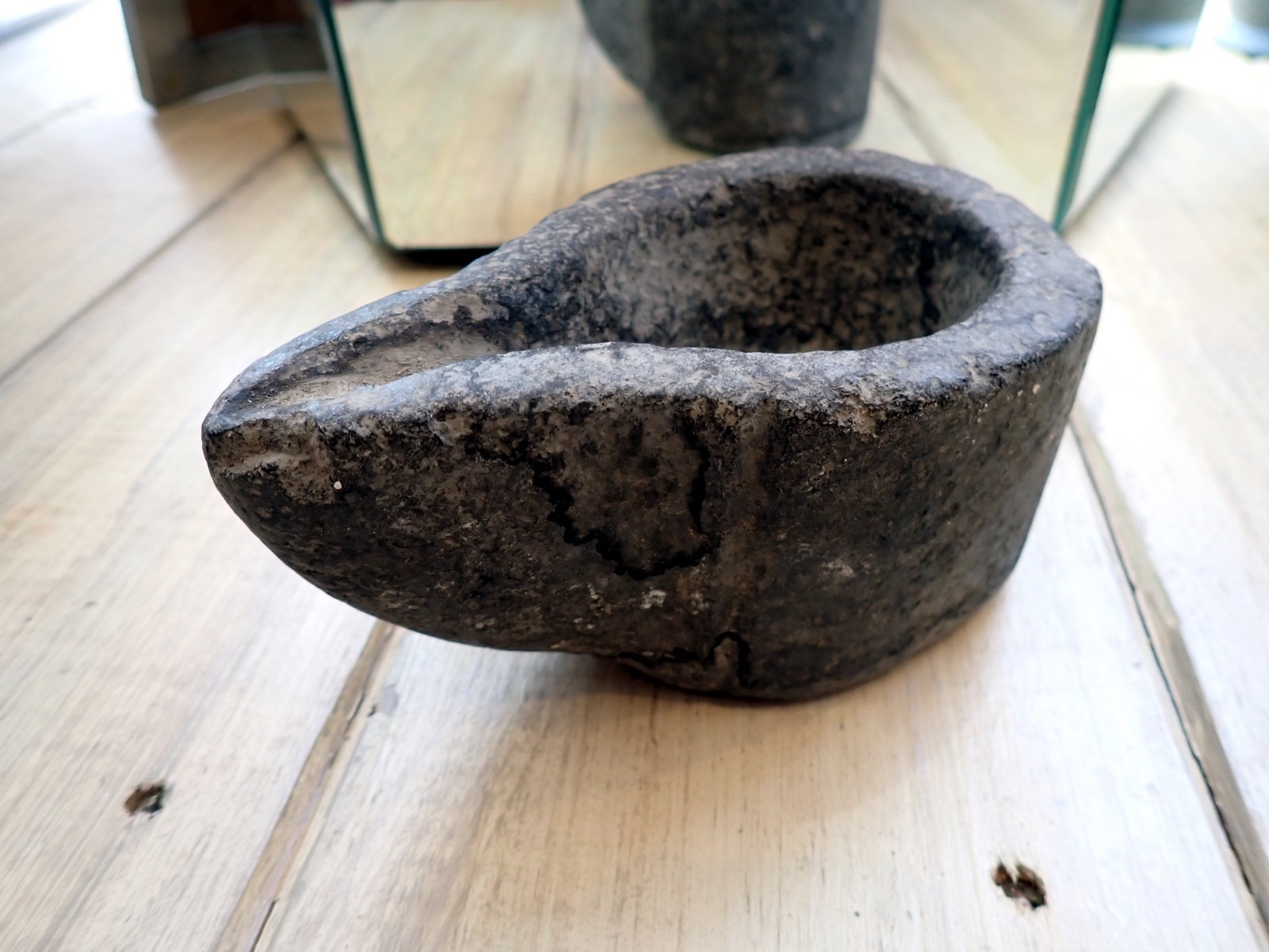 Old Stone Mortar Oil Lamp India Carved Stone