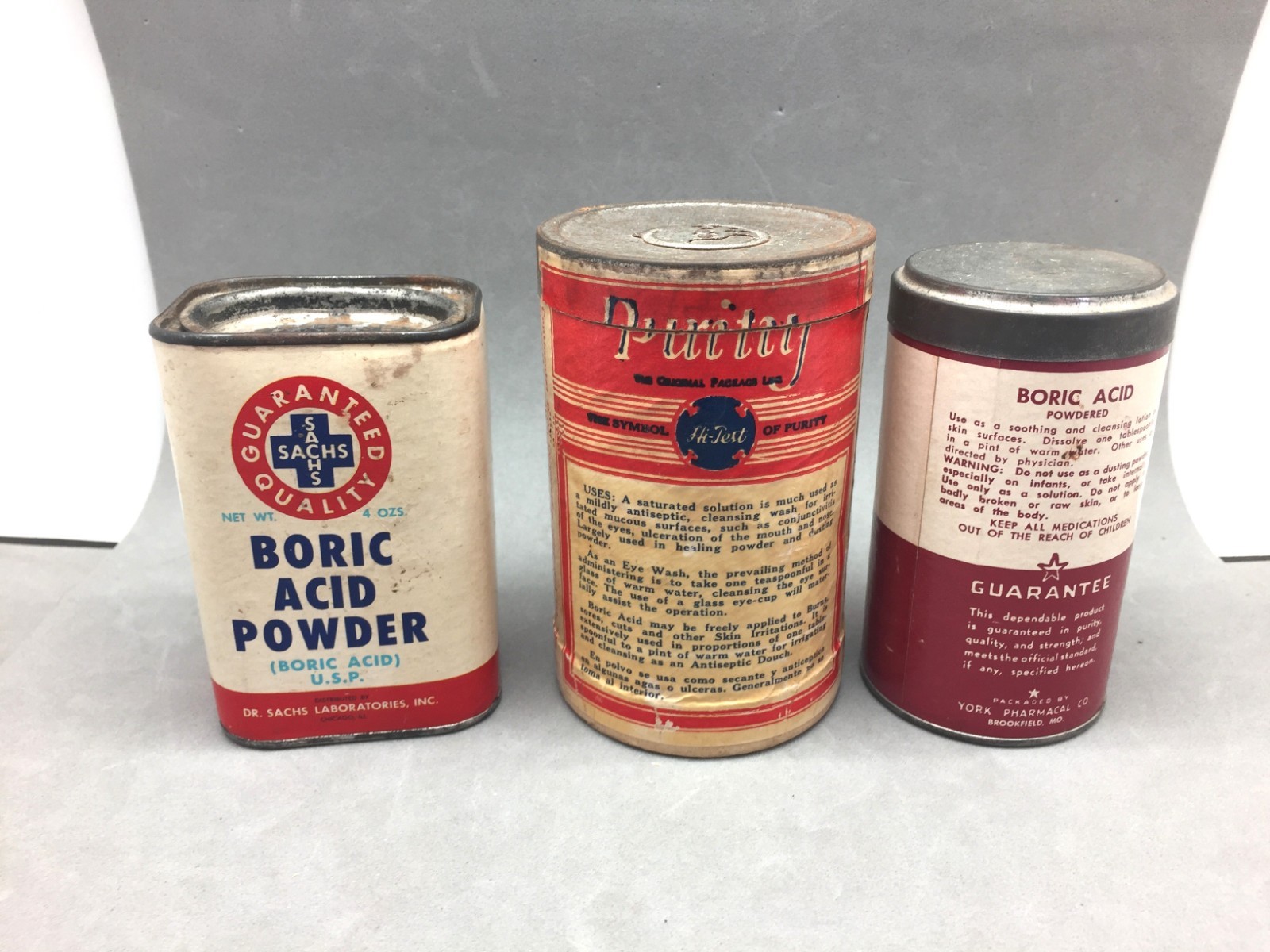 Vintage Boric Acid Box Can Lot 3 EMPTY Sachs, York, Continental Drug Alton IL