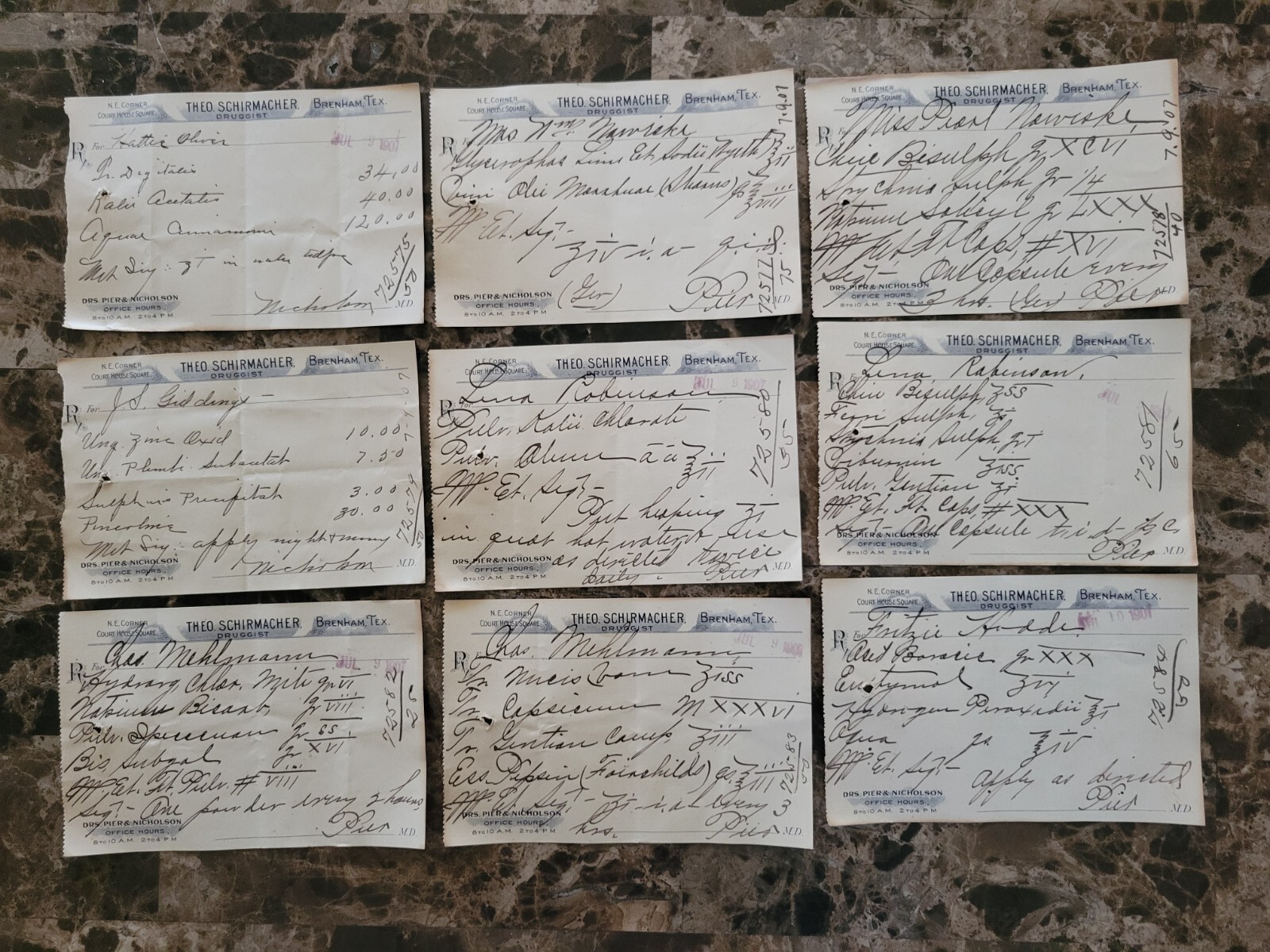 File box & 98 antique prescriptions (1907) – Opium, Ergot, Codeine & Anodyne