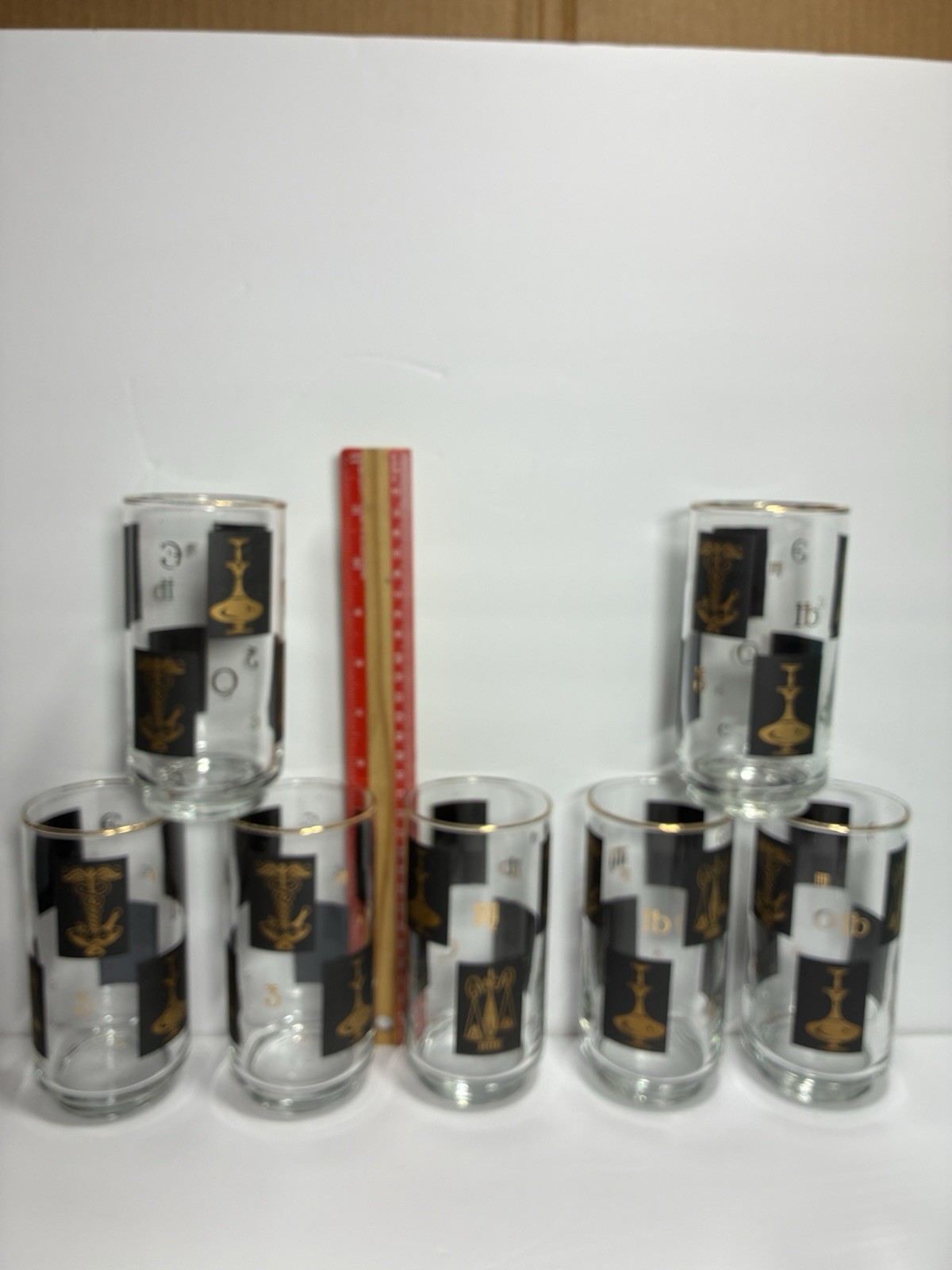 MCM Medical Pharmacy Libbey Glasses Black & 22 KT Gold 7 Tall 7 Medium 4 Short