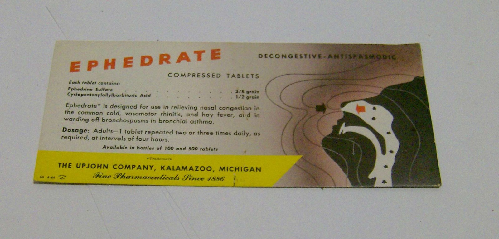 vintage 1940s UPJOHN Ephedrate pharmaceutical CARD ink blotter medical pills OLD
