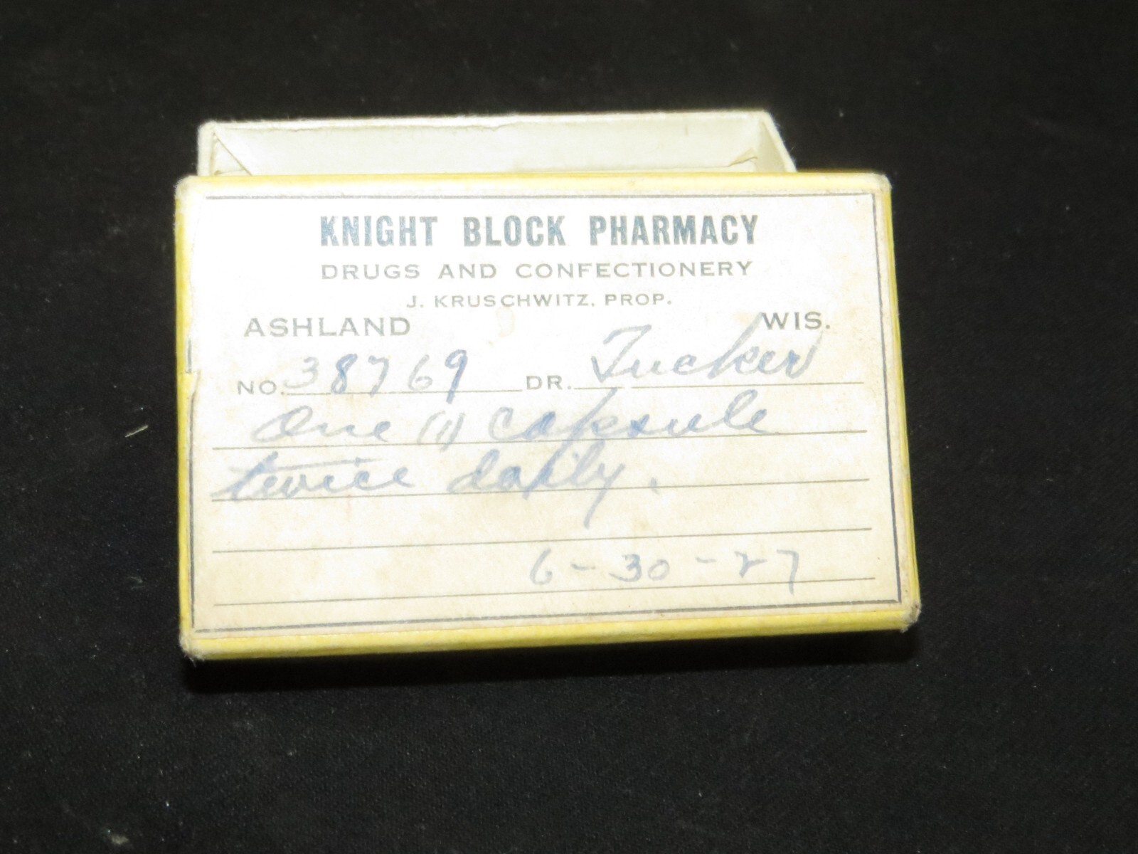 VINTAGE Prescription Cardboard Pill Box “Knight Block Pharmacy” Ashland, WI 1927