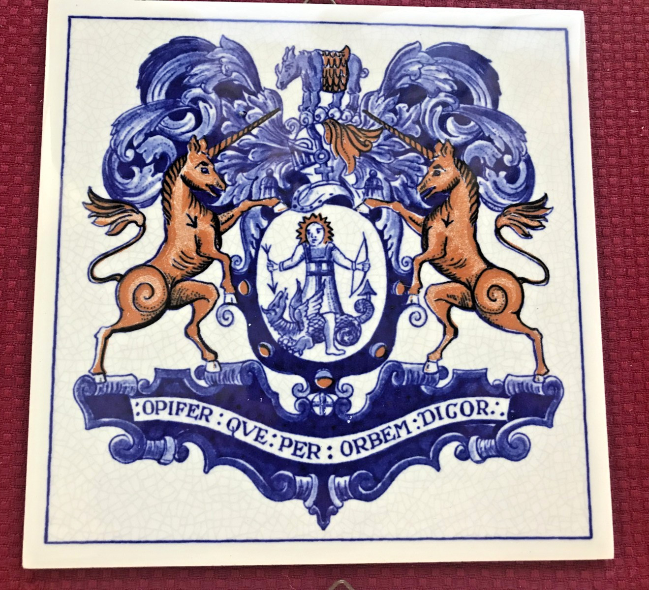 2- BURROUGHS WELLCOME DELFT BLUE PHARMACY PILL TILES, FAVTRART, UNICORNS, 6 X 6