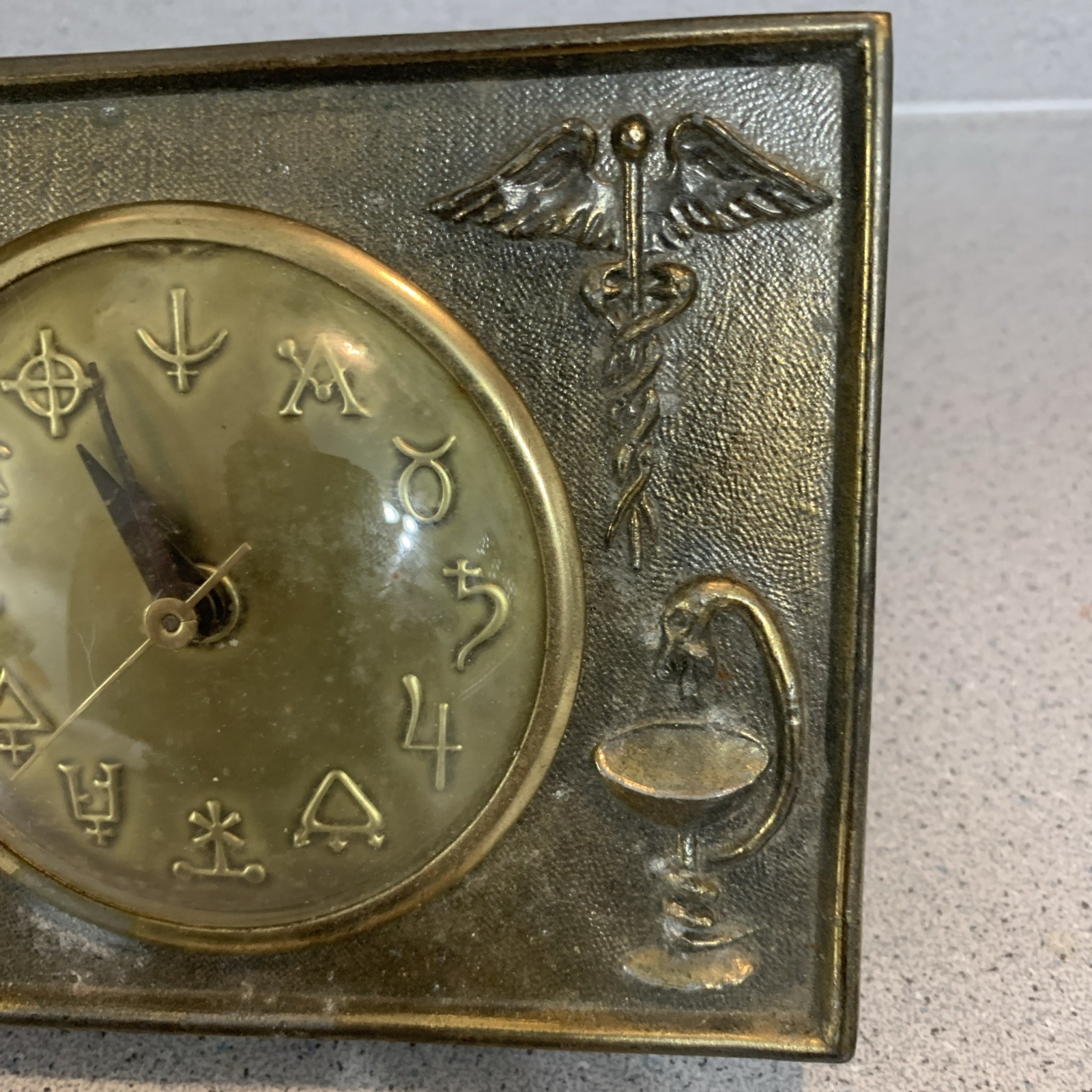 Vintage APOTHECARY RX Alchemy Symbols Metal Electric CLOCK WORKS! Rare GERMANY