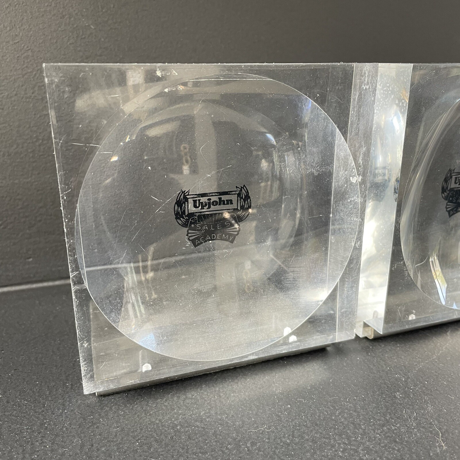 Vintage Upjohn Pharmaceutical Company Lucite Block Bookends Advertising Branding
