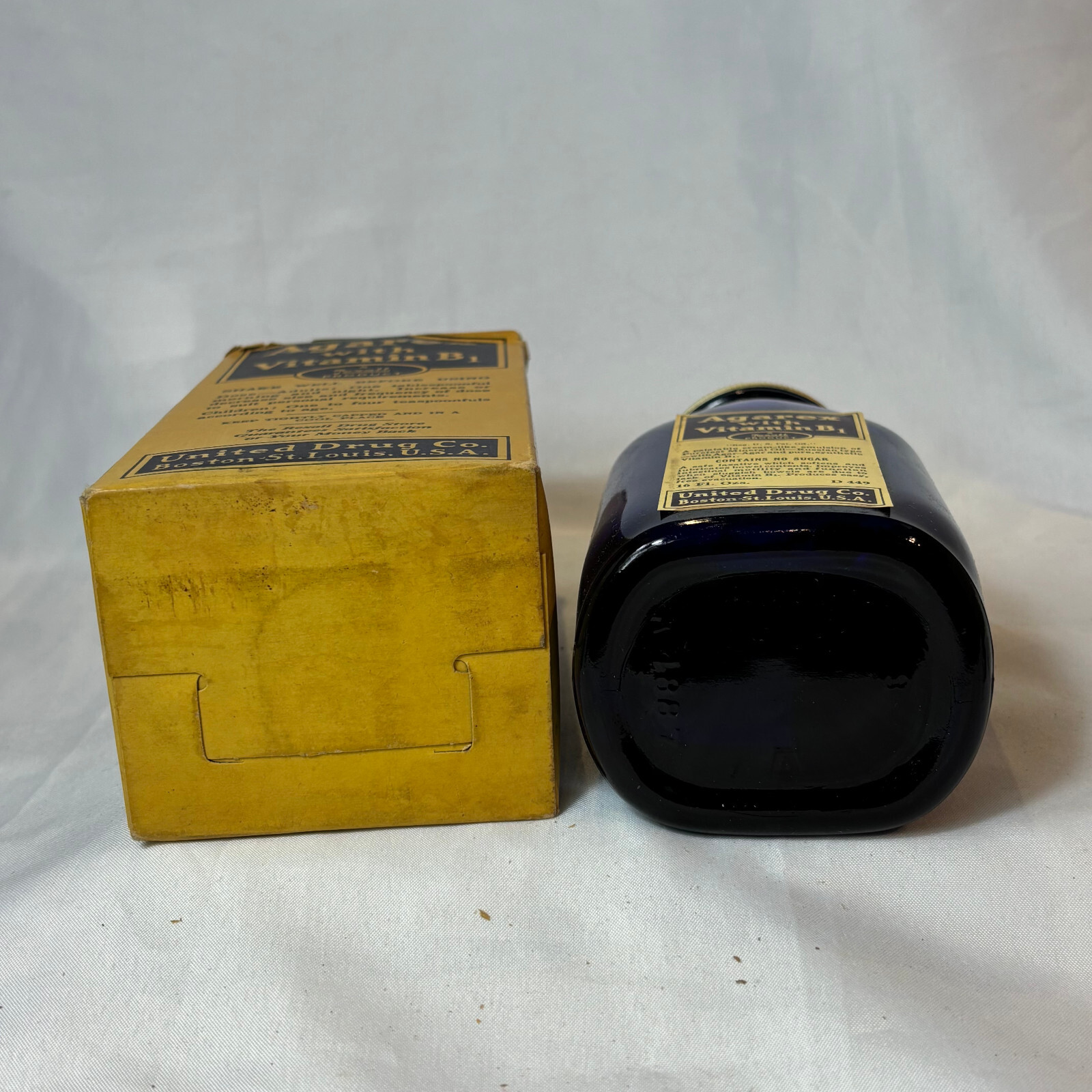 Vtg Agarex W/ Vitamin B1 16oz Cobalt Blue Bottle In Box Rexall Drug Stores