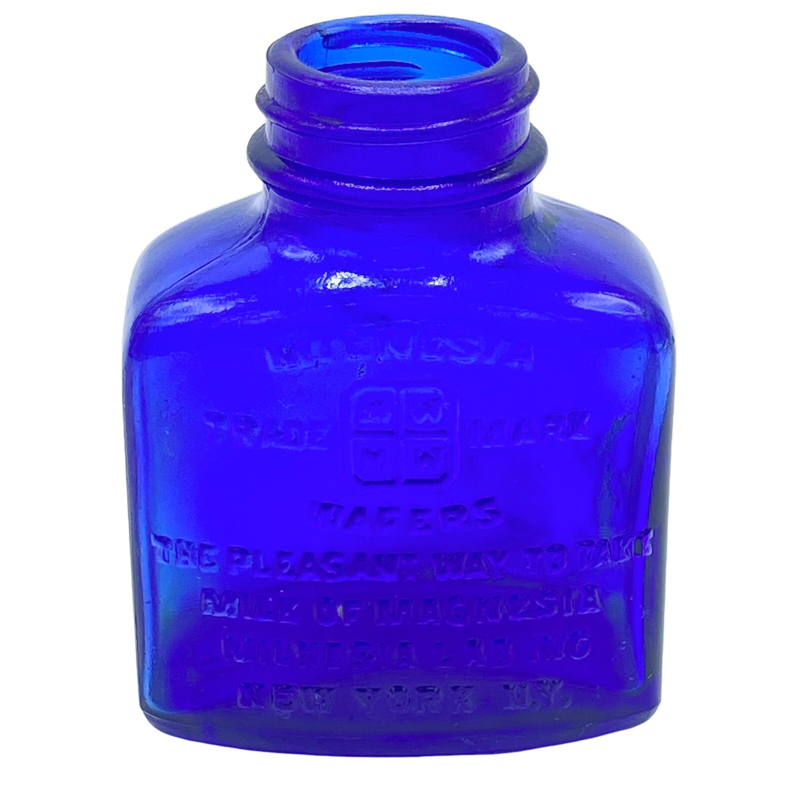 Vtg Milnesia Wafers Embossed Cobalt Blue Glass Bottle 3″ Tall New York, NY