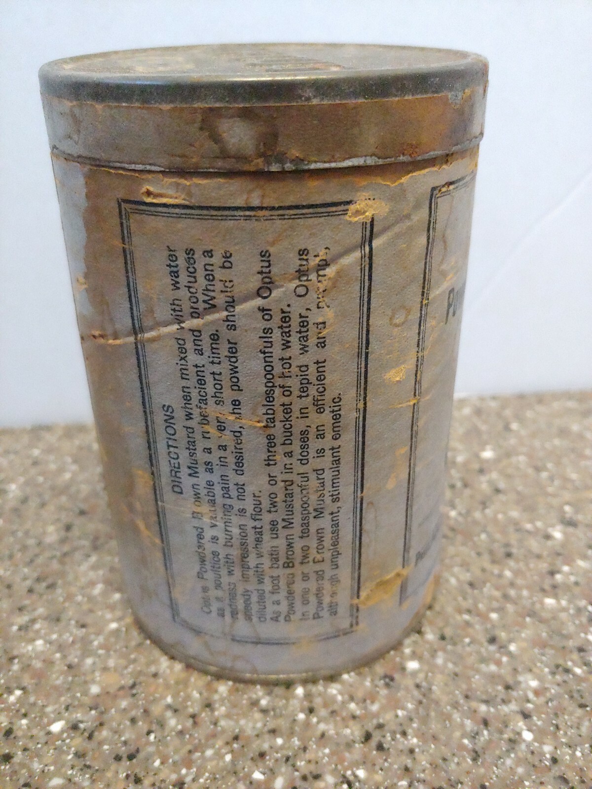 Vintage Medicine Container Optus Powdered Brown Mustard 8oz Empty Can