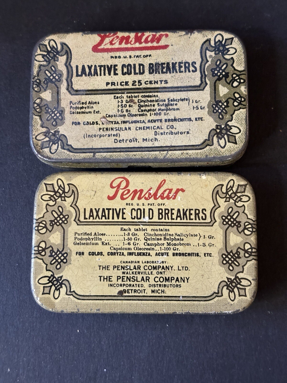 2 Vintage Penslar Company Laxative Cold Breakers Tins 2.5” x 1 5/8” Medical
